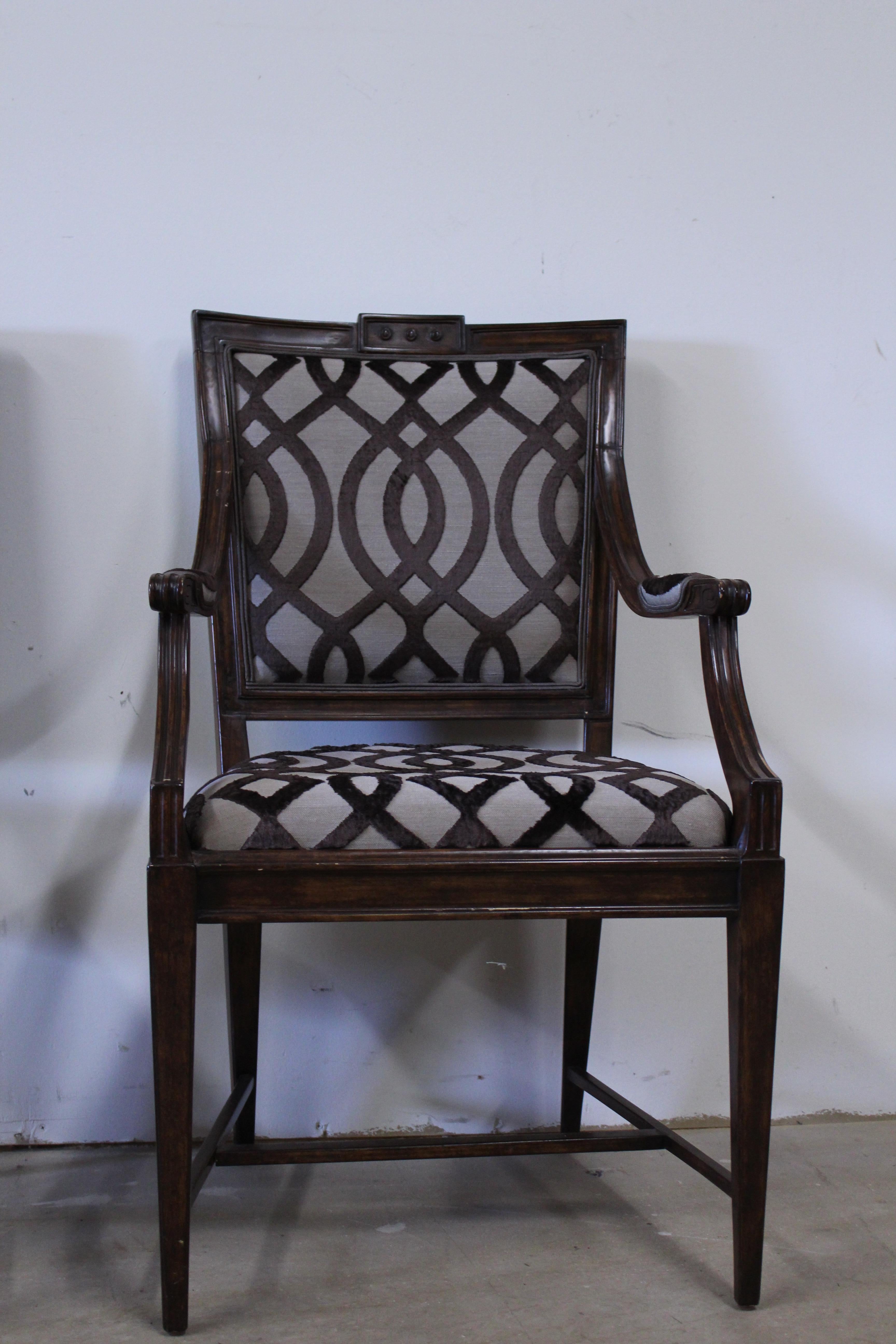 Pollack dining chairs set of 6, 4 arm chairs, 2 side chairs, walnut finish, mismatched upholstery.