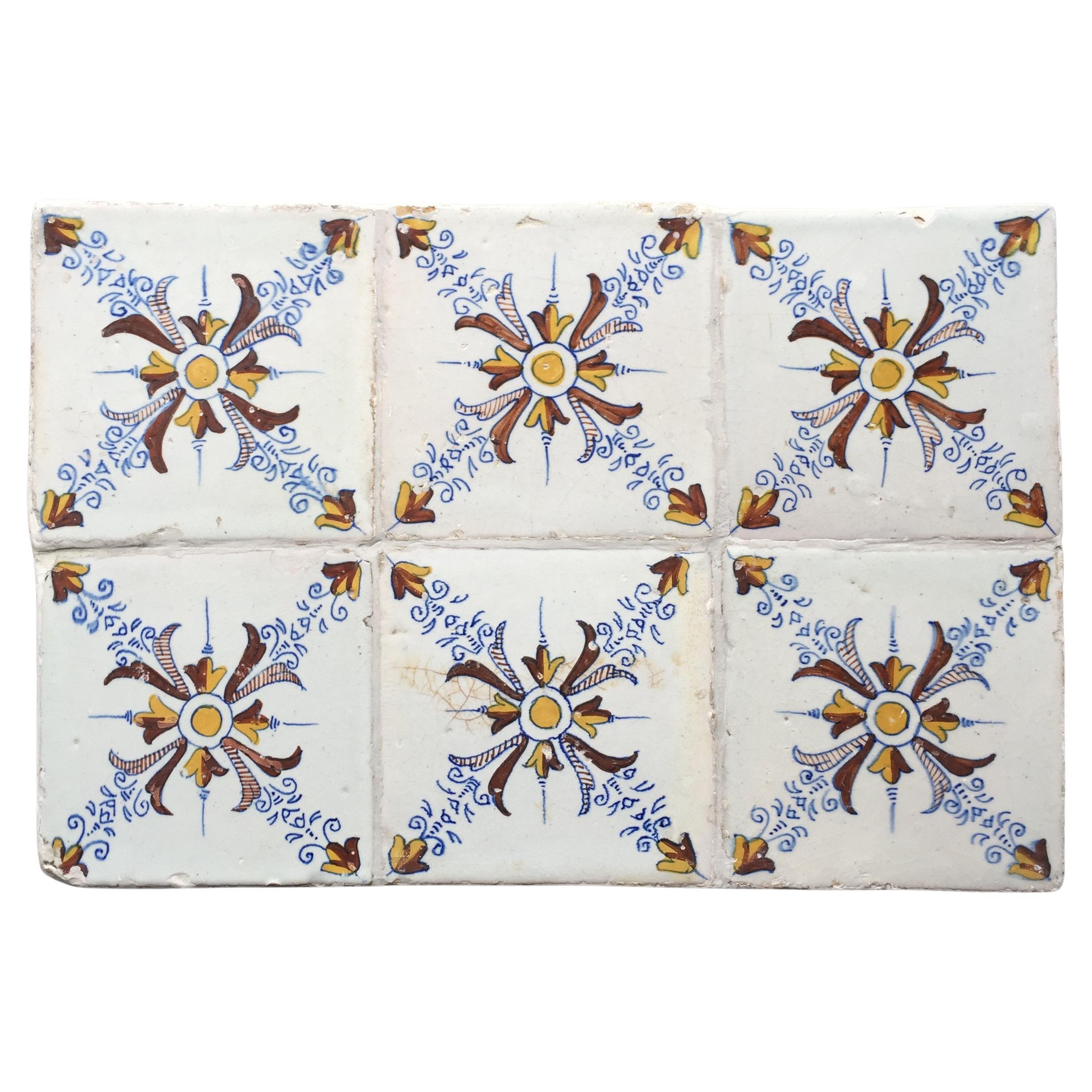 Set of 6 Polychrome Dutch Delft Tiles with Ornamental Design For Sale