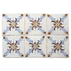 Set of 6 Polychrome Dutch Delft Tiles with Ornamental Design