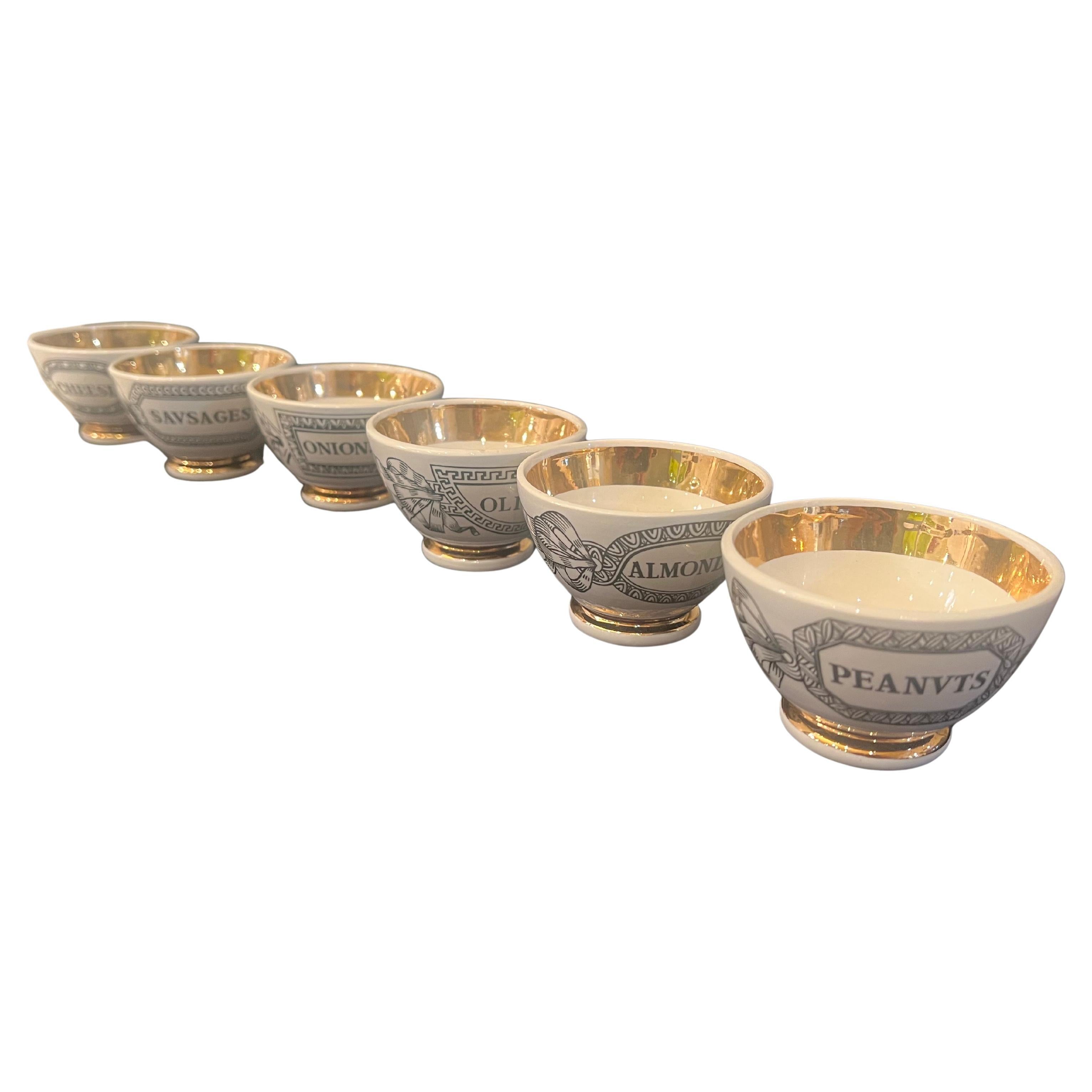 Juego de 6 cuencos de porcelana para aperitivos de Piero Fornasetti Años 70 Moderno de mediados de siglo en venta