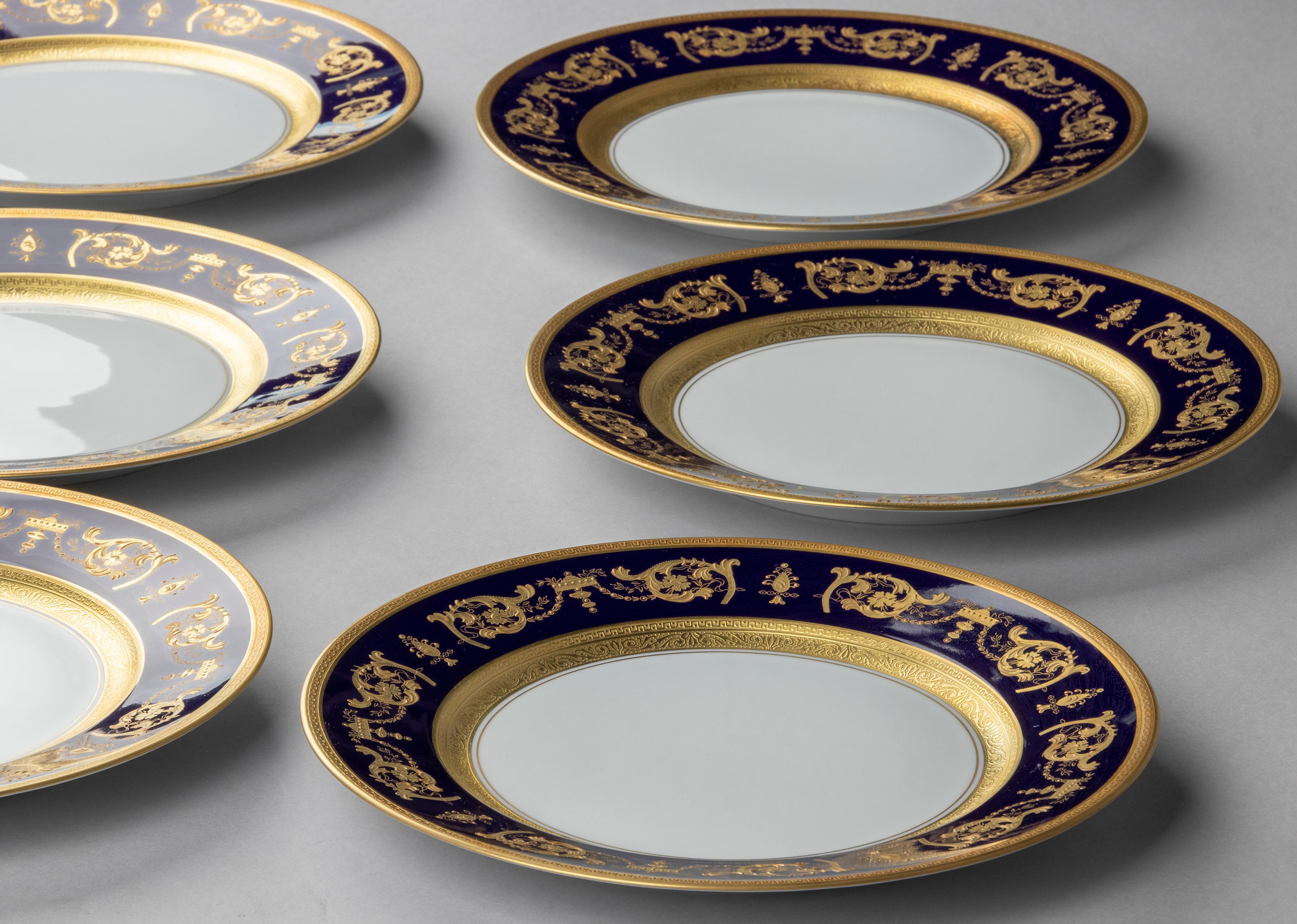 Lot de 6 assiettes plates en porcelaine Haviland Motif Impérator Bleu de Four 7