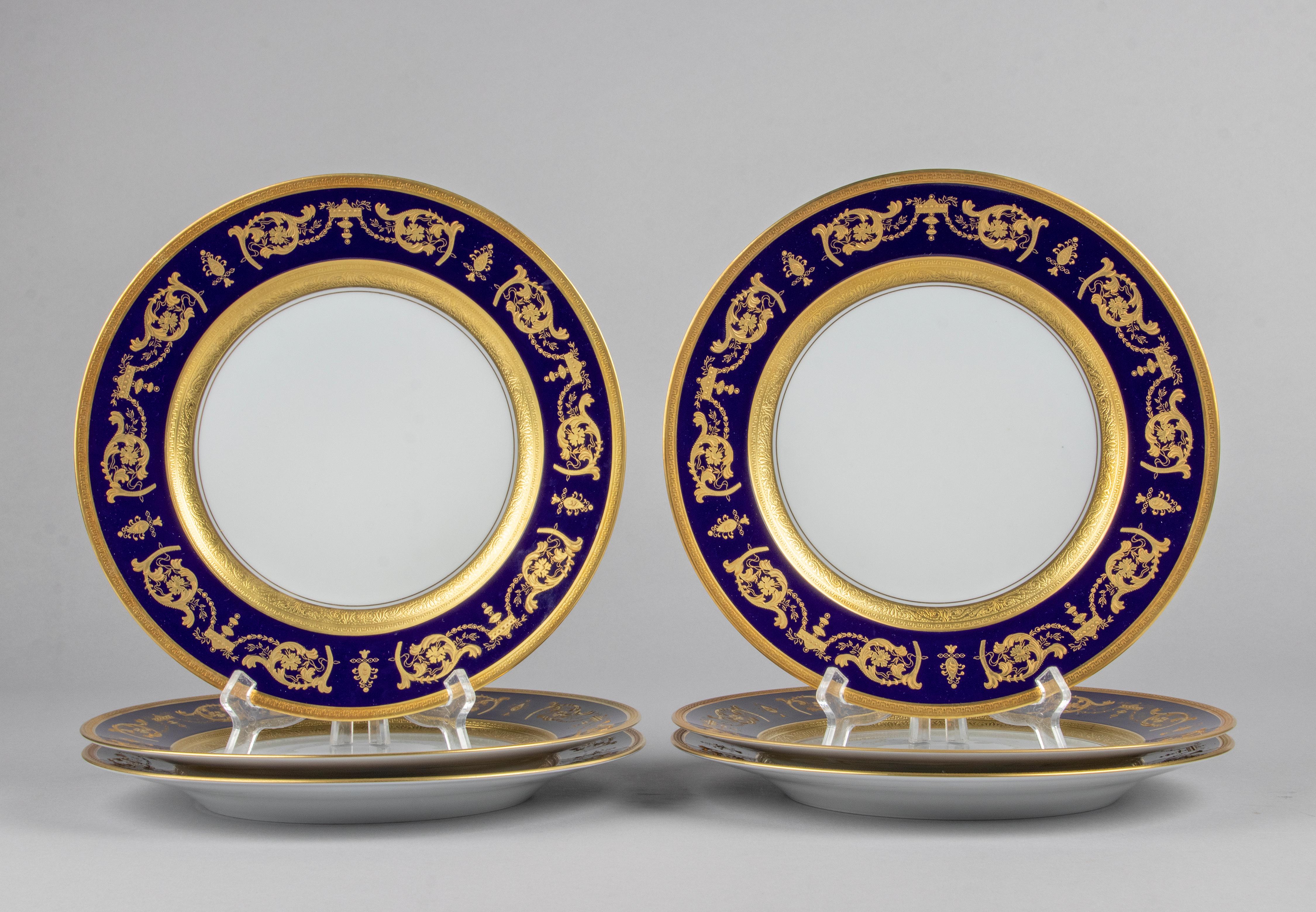 Français Lot de 6 assiettes plates en porcelaine Haviland Motif Impérator Bleu de Four