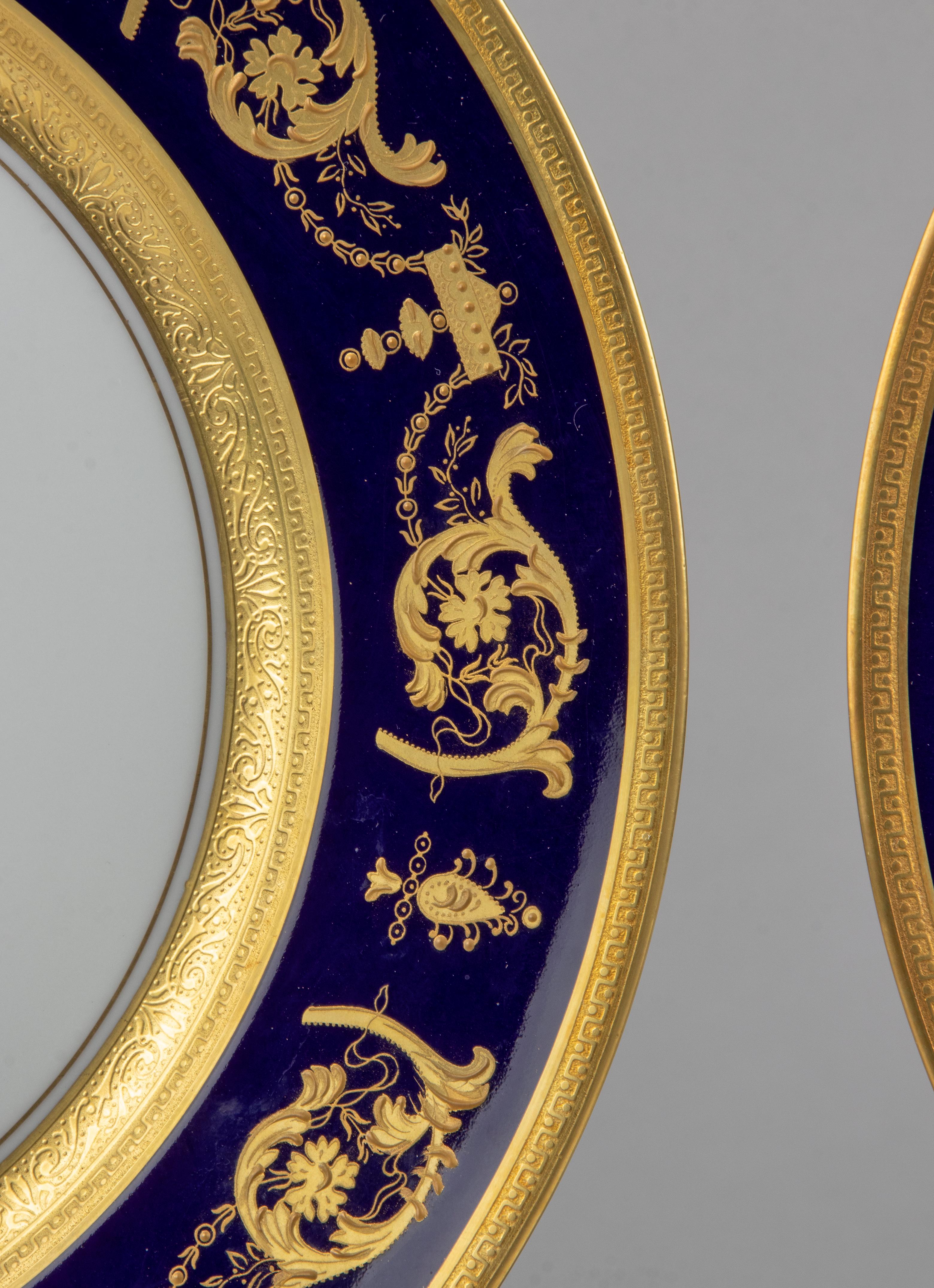 Fait main Lot de 6 assiettes plates en porcelaine Haviland Motif Impérator Bleu de Four