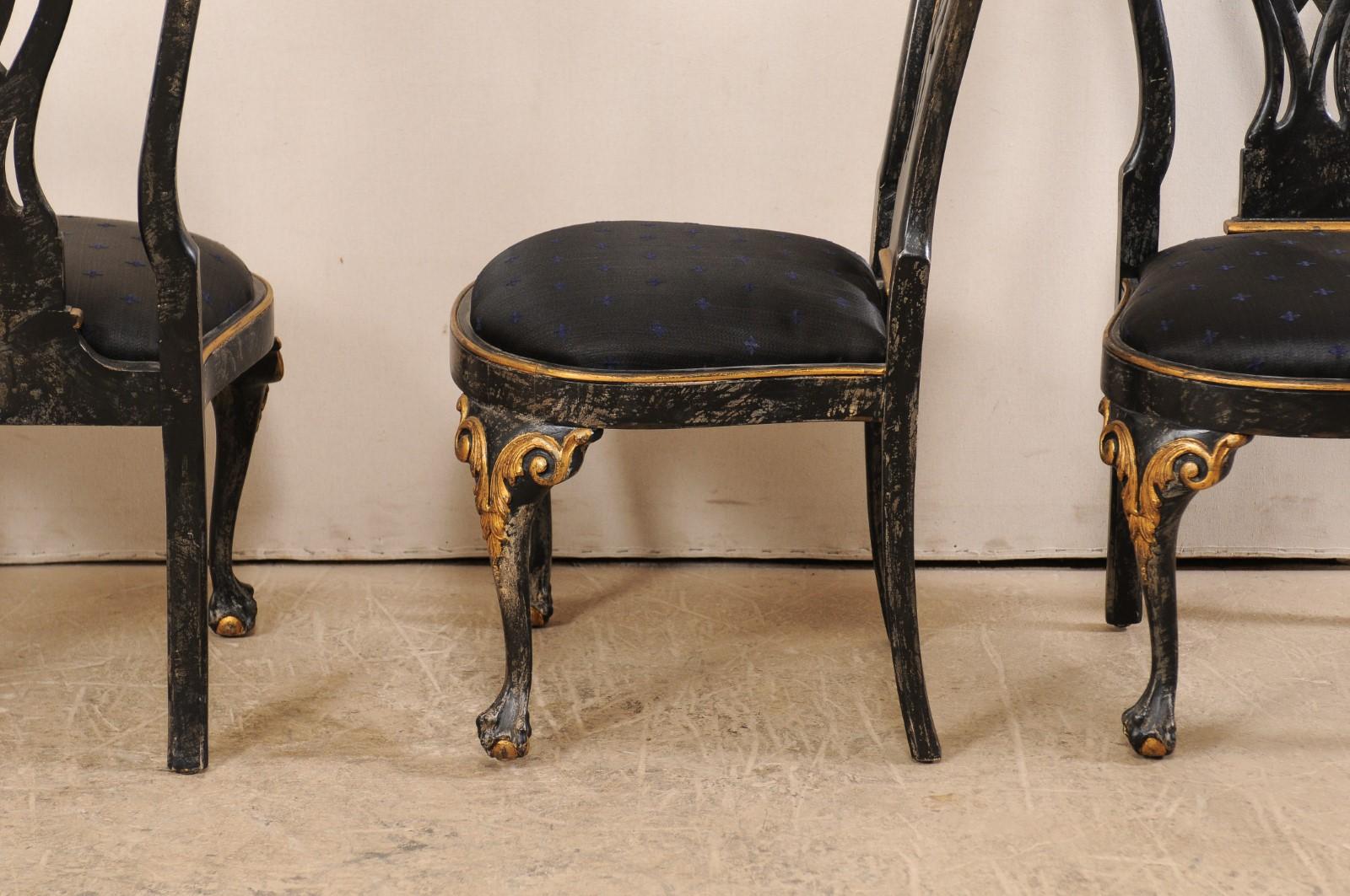 Set of 6 Portuguese-Style Pierced Splat Back Dining Side Chairs, Black & Gold 1