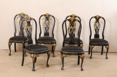 Set of 6 Portuguese-Style Pierced Splat Back Dining Side Chairs, Black & Gold