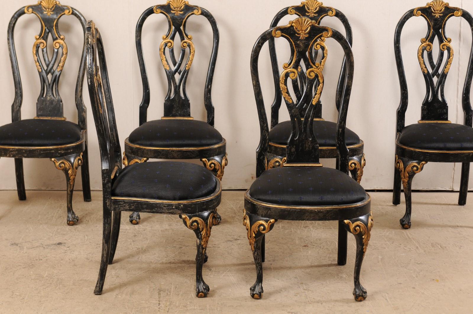 American Set of 6 Portuguese-Style Pierced Splat Back Dining Side Chairs, Black & Gold