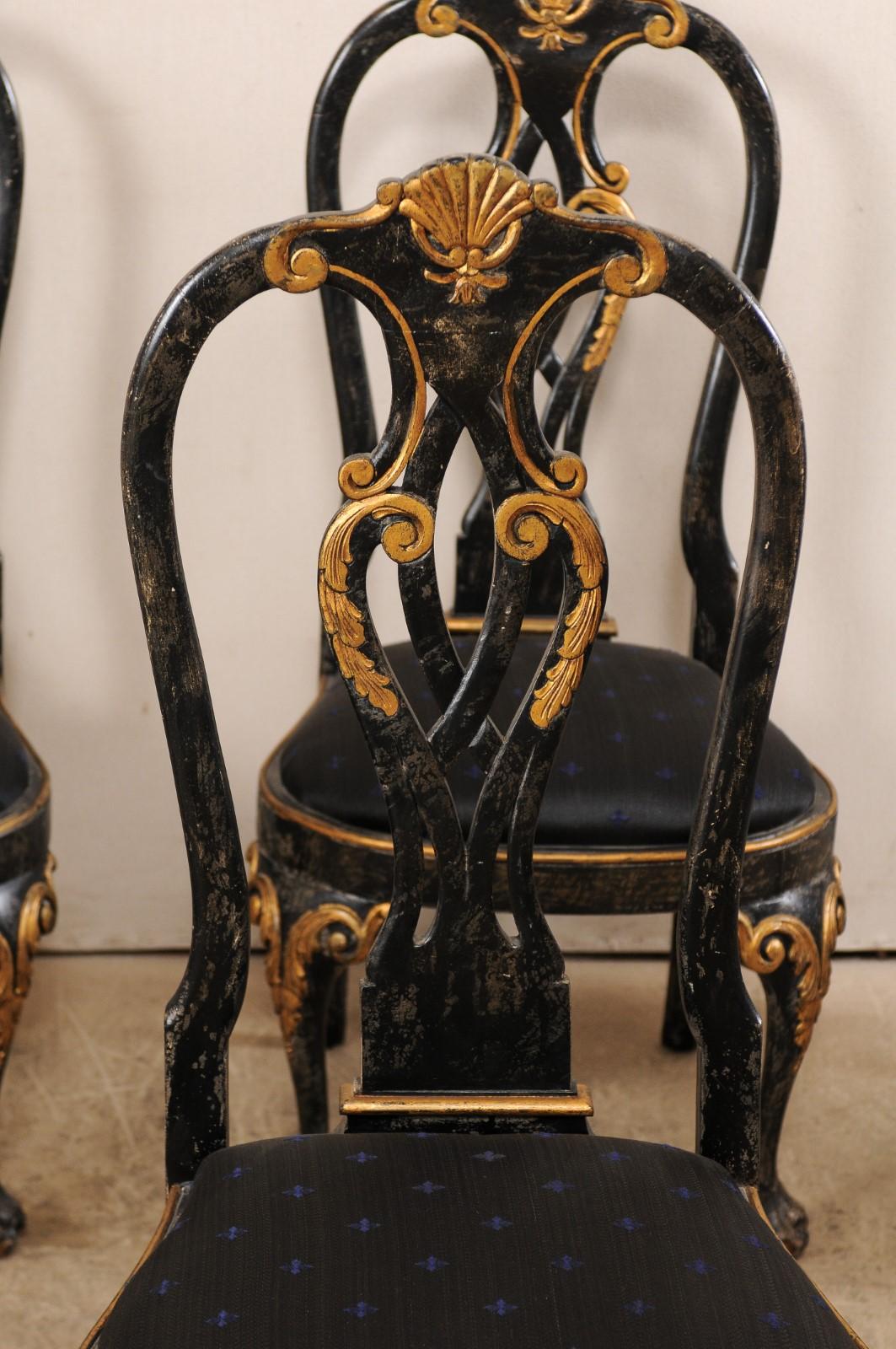 Set of 6 Portuguese-Style Pierced Splat Back Dining Side Chairs, Black & Gold In Good Condition In Atlanta, GA