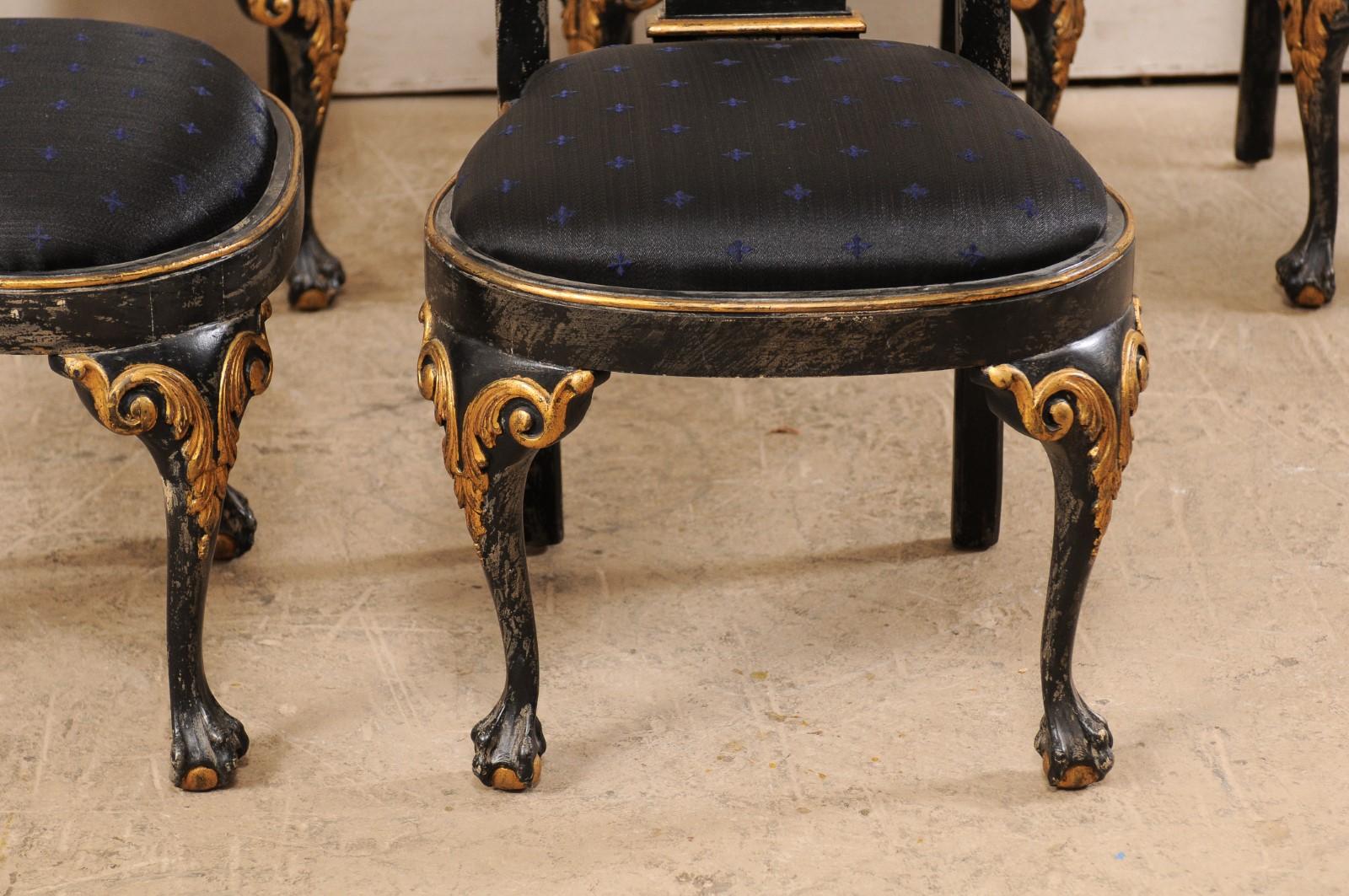 20th Century Set of 6 Portuguese-Style Pierced Splat Back Dining Side Chairs, Black & Gold