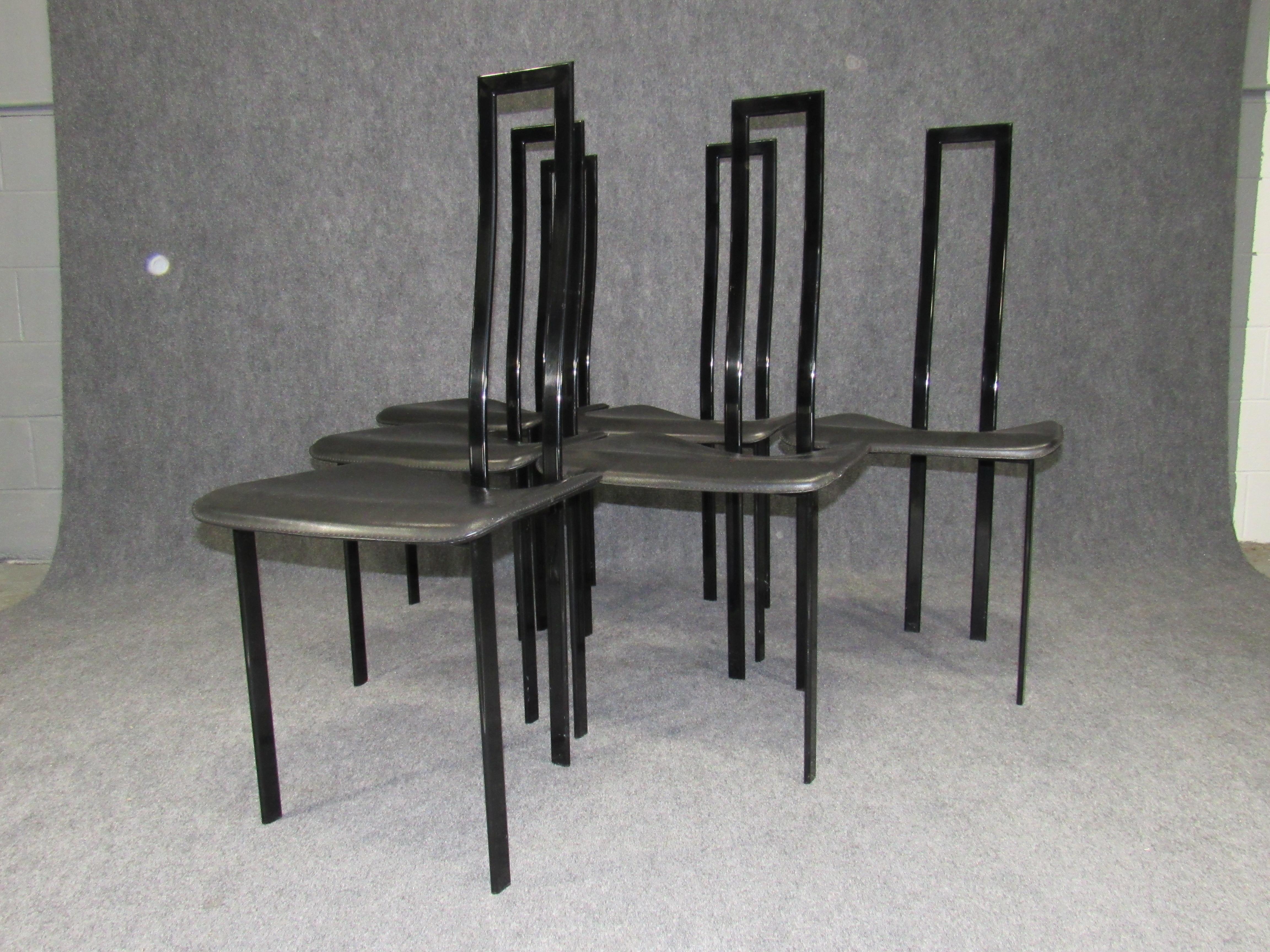 Italian Set of 6 Postmodern Black Metal and Leather Dining Chairs by Cattelan Italia