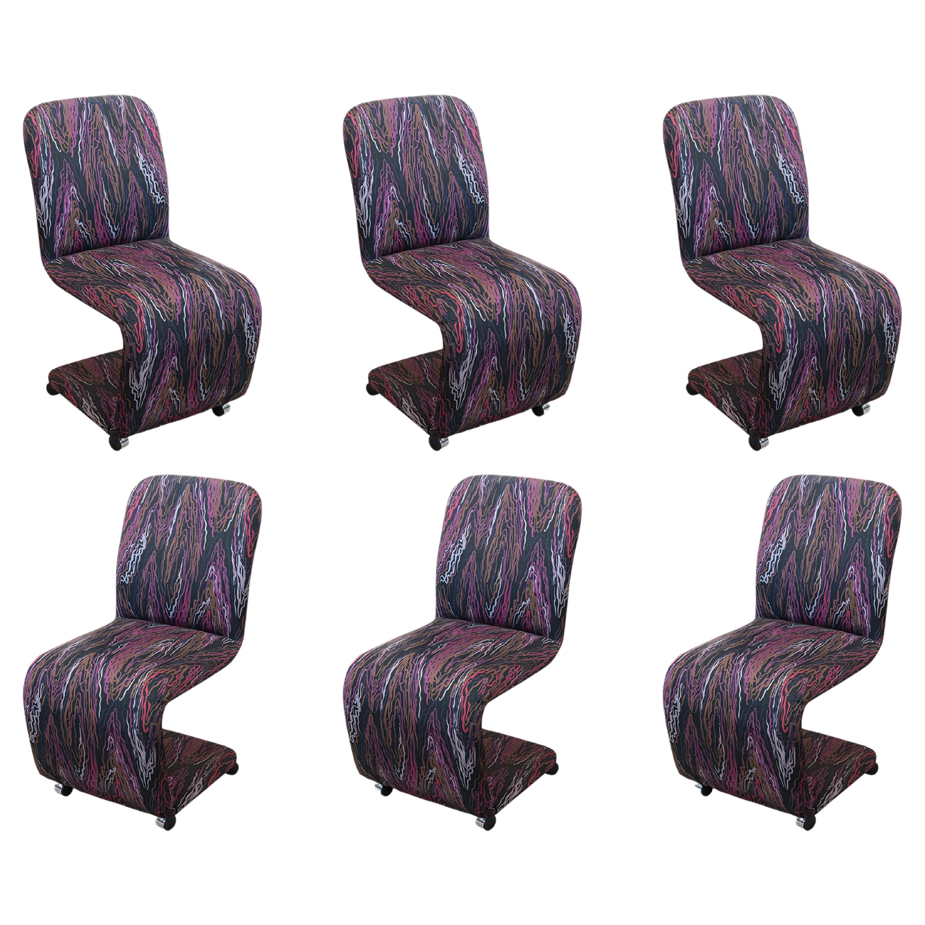 Set of 6 Post Modern DIA Purple Abstract Fabric Cantilever Rolling Dining Chairs