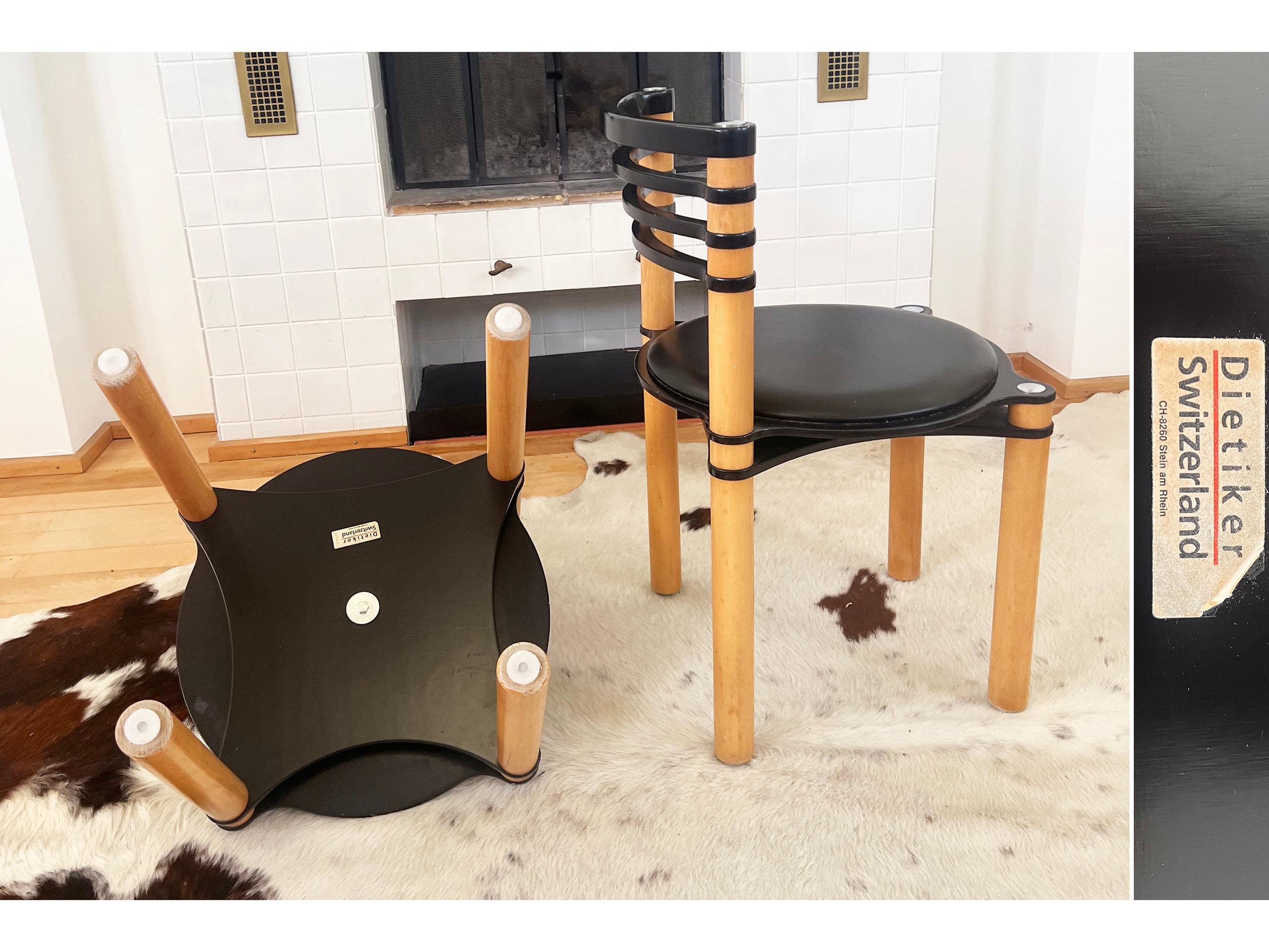 Post-Modern Set of 6 Postmodern Black and Wood Chairs by Kurt Thut for Dietiker, 1980s For Sale