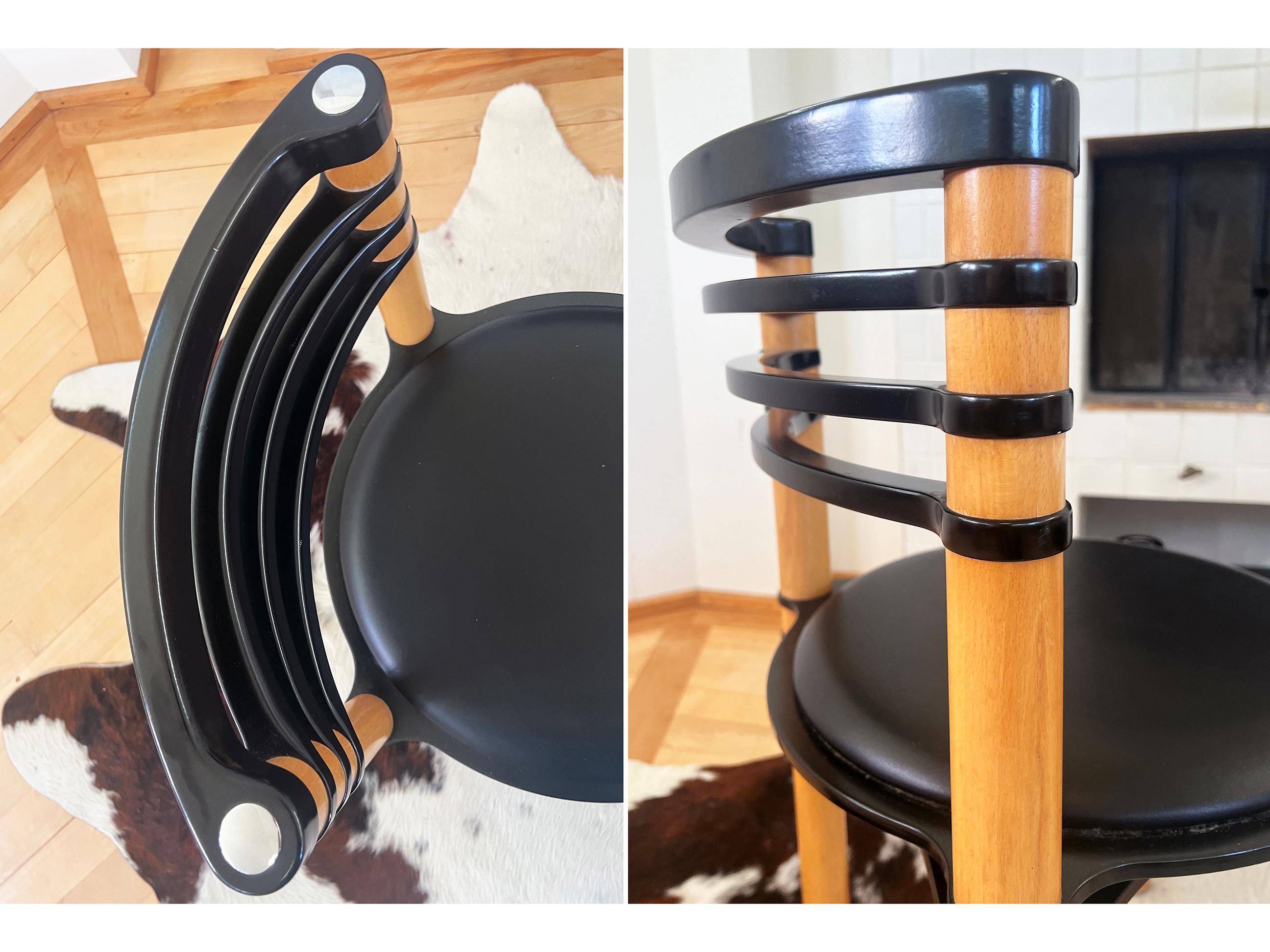 Swiss Set of 6 Postmodern Black and Wood Chairs by Kurt Thut for Dietiker, 1980s For Sale