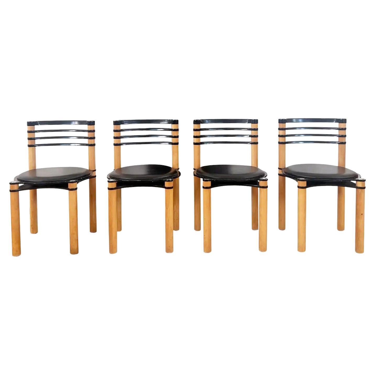 Set of 6 Postmodern Black and Wood Chairs by Kurt Thut for Dietiker, 1980s