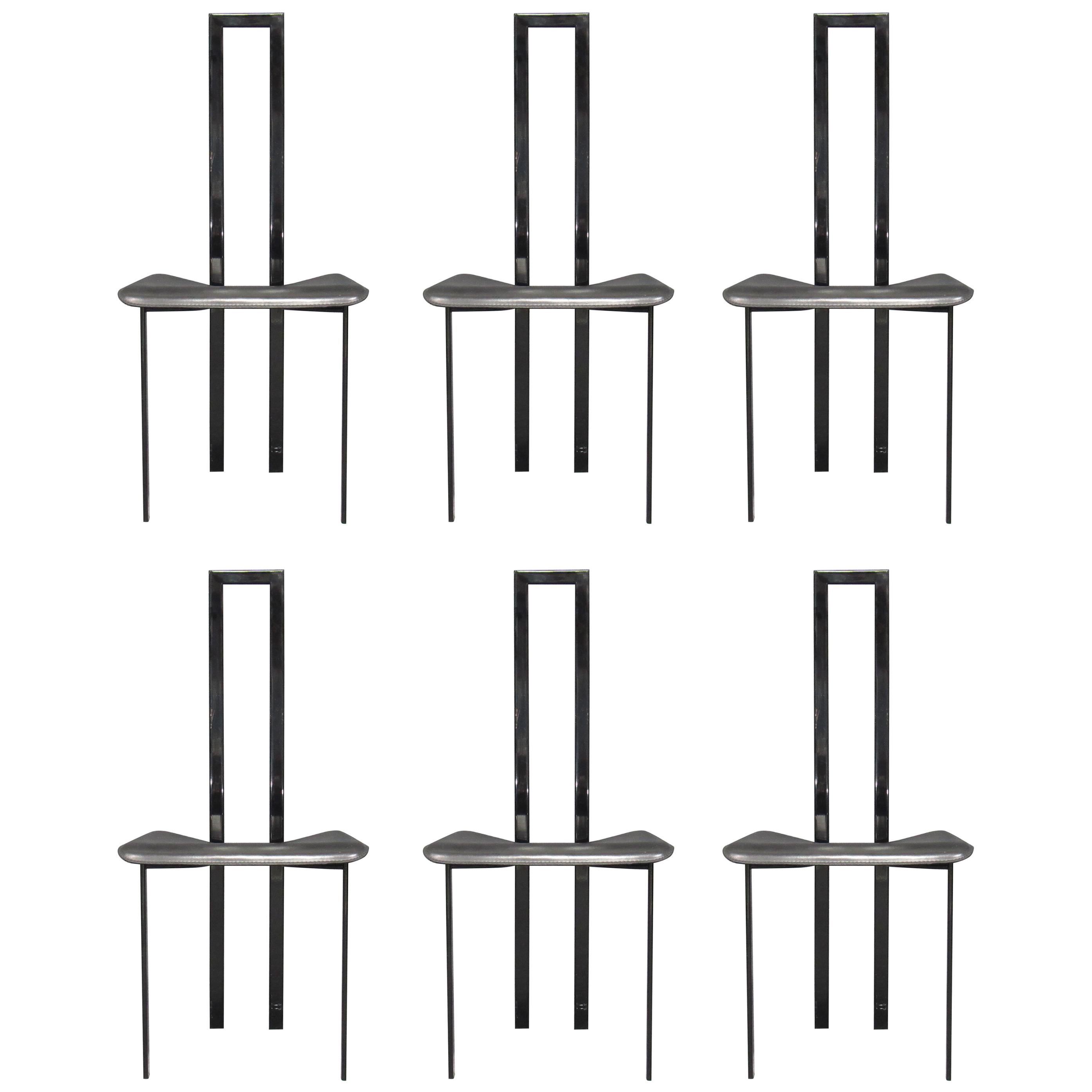 Set of 6 Postmodern Black Metal and Leather Dining Chairs by Cattelan Italia