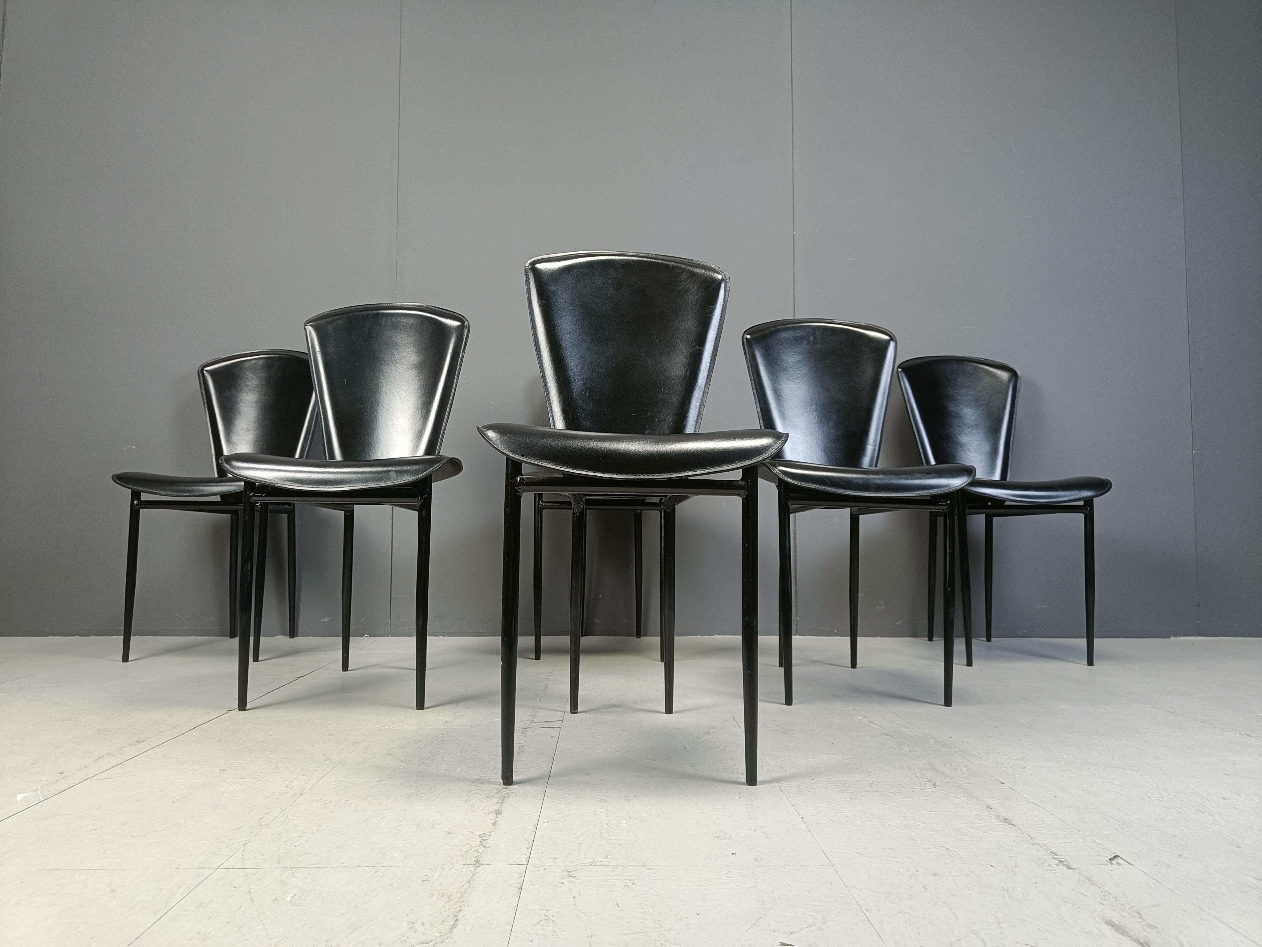 Late 20th Century Set of 6 postmodern leather dining chairs, 1980s For Sale