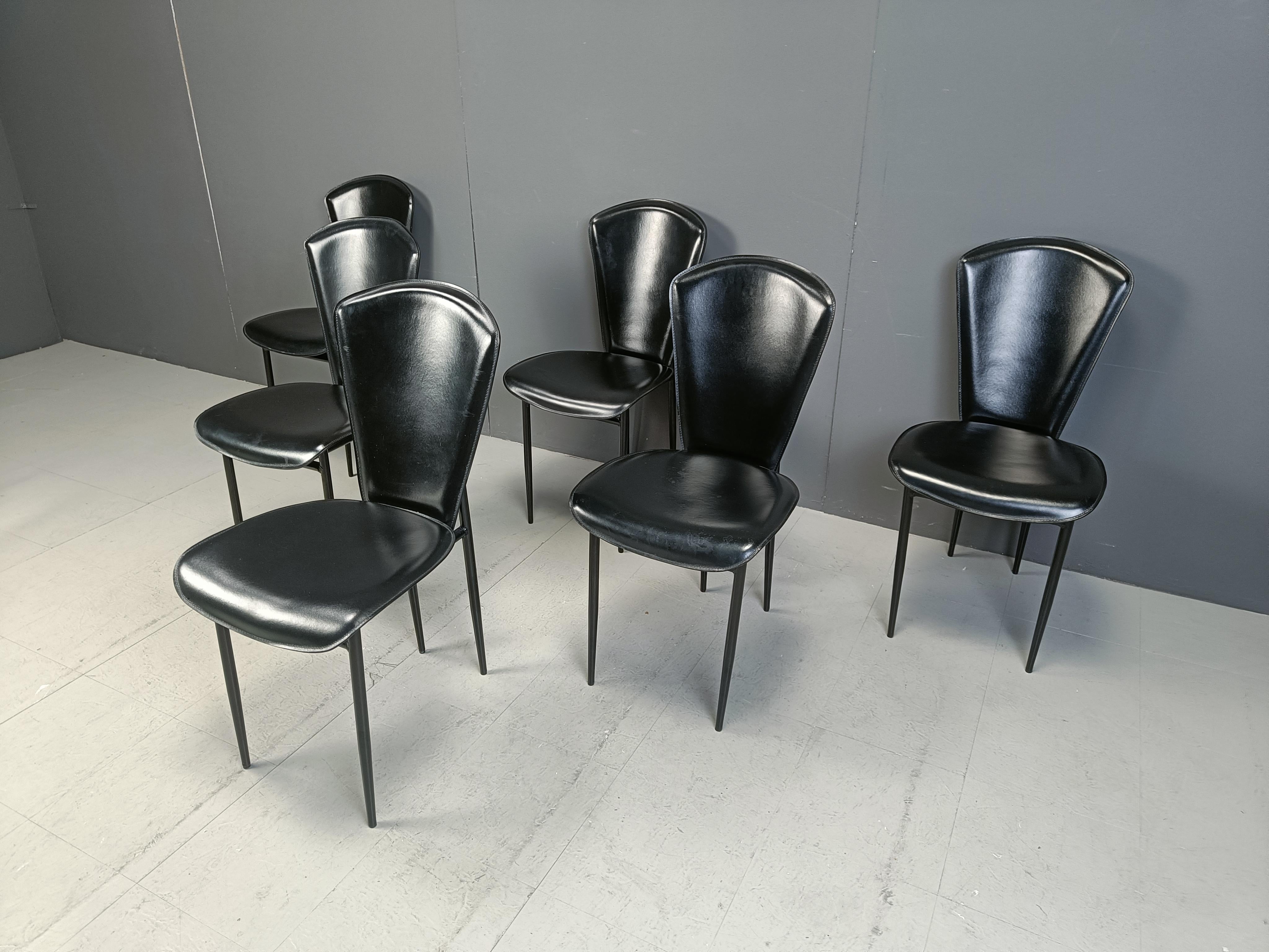Metal Set of 6 postmodern leather dining chairs, 1980s For Sale