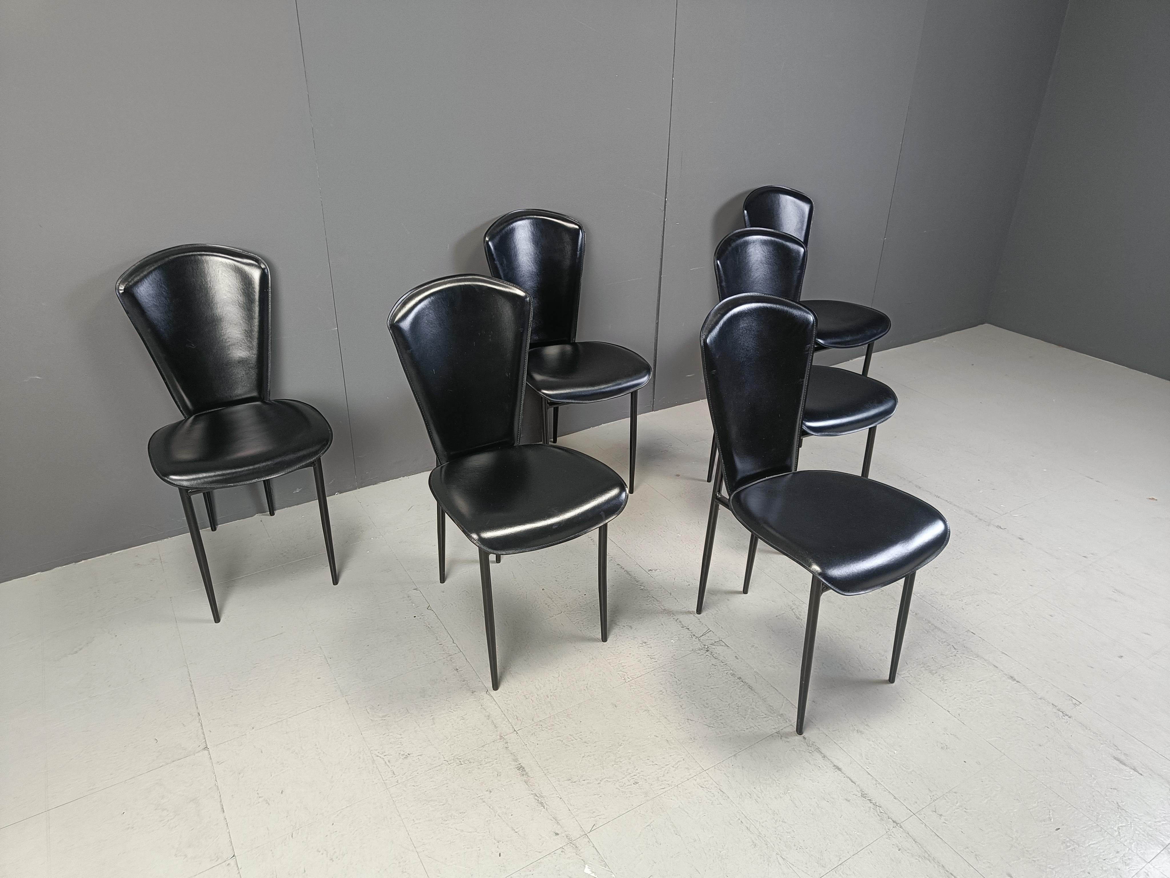 Set of 6 postmodern leather dining chairs, 1980s For Sale 1