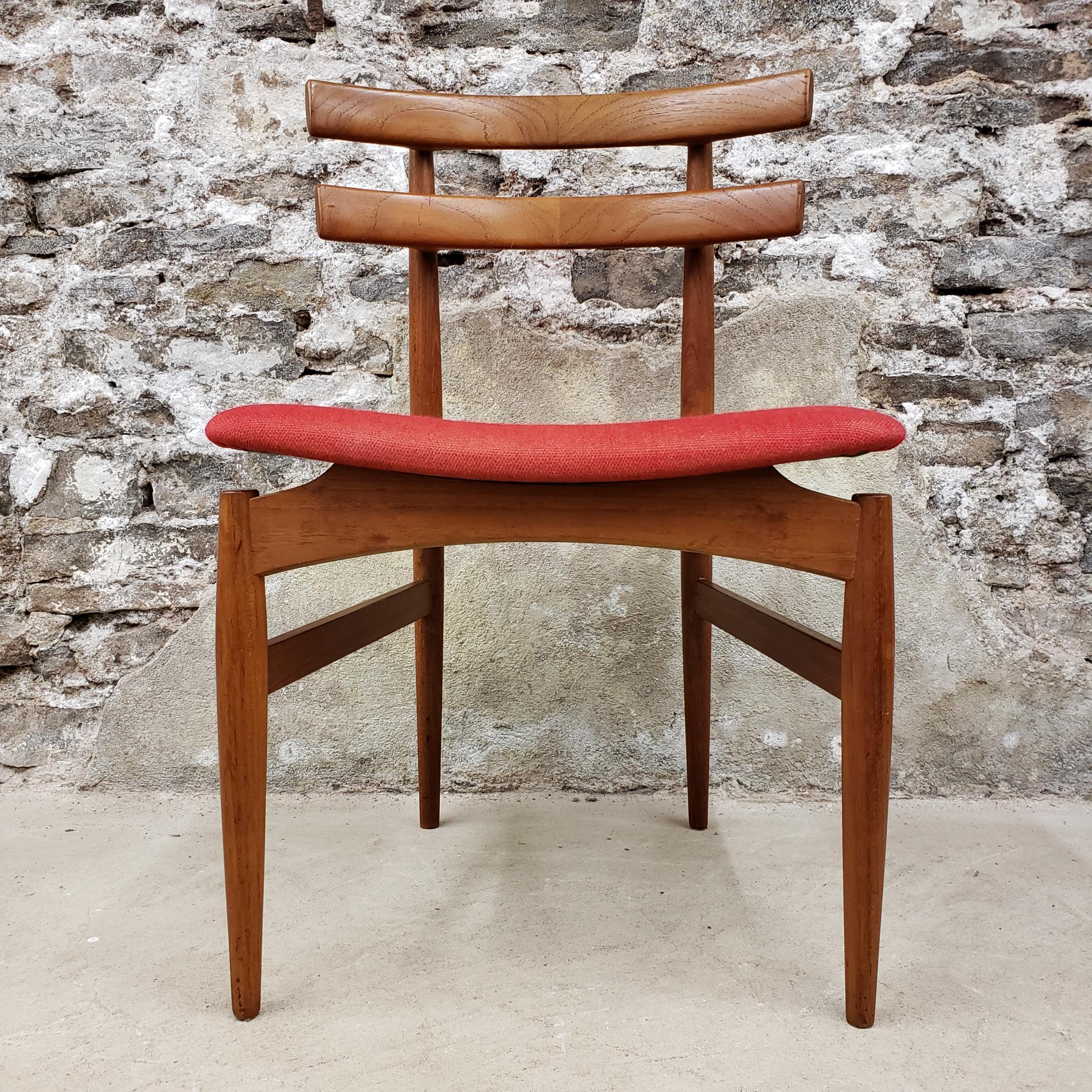 Set of 6 model 30 Danish teak dining chairs designed by Poul Hundevad. We love the design of these chairs! They have such unique lines with stylish curves and tapers at every turn and bend.

Scandinavian Modern / Mid-Century Modern.
 