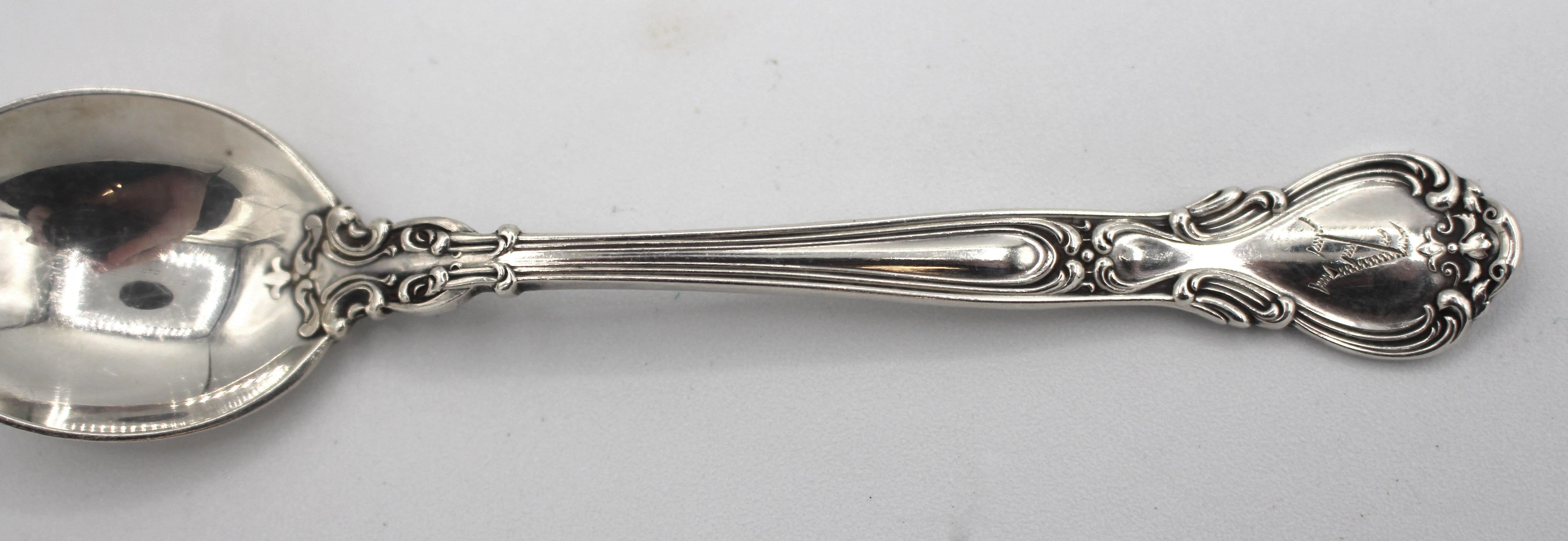 Set of 6 Chantilly pattern sterling silver chocolate spoons by Gorham. Pre-1950, 1895 patent design. Rarely found. Monogram 