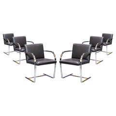 Set of 6 Preview Black Leather and Flat Bar Chrome Brno Style Dining Chairs