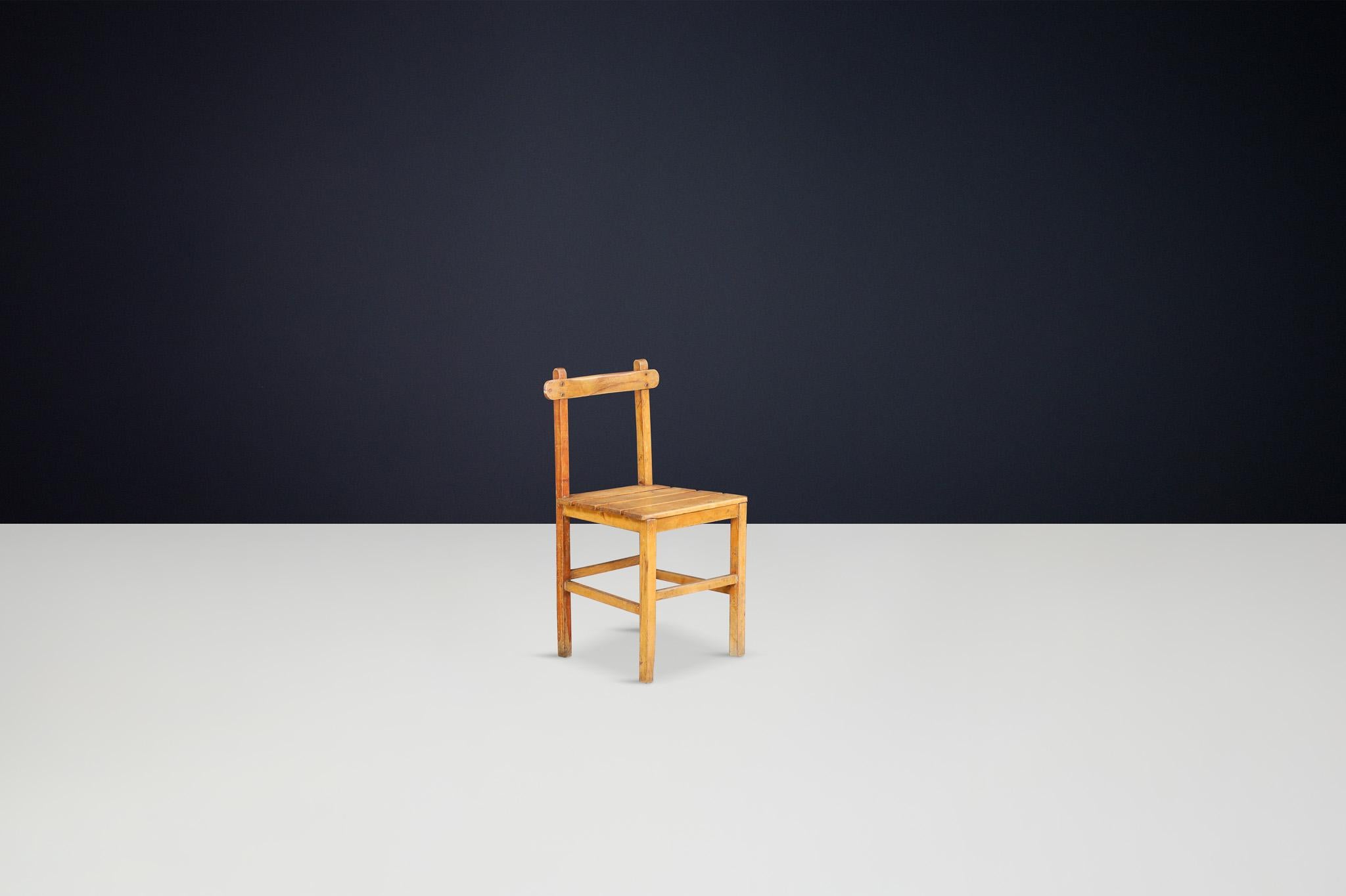 Mid-20th Century Set of 6 Primitive Rustic Beech Dining Chairs, France, 1950s For Sale
