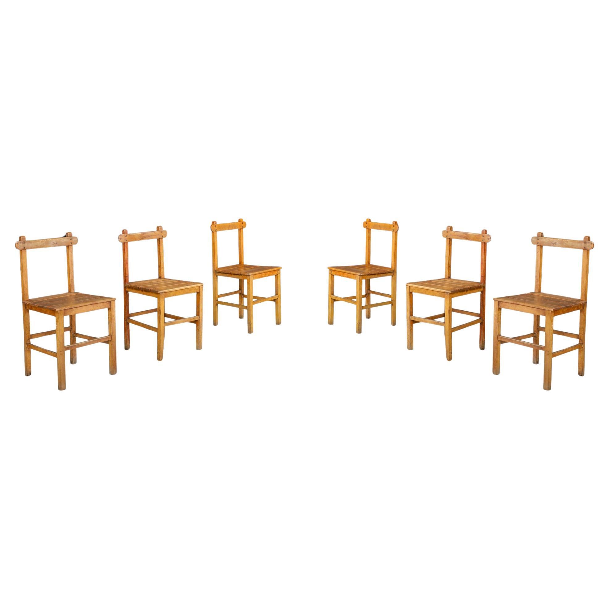 Set of 6 Primitive Rustic Beech Dining Chairs, France, 1950s