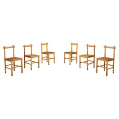 Set of 6 Primitive Rustic Beech Dining Chairs, France, 1950s