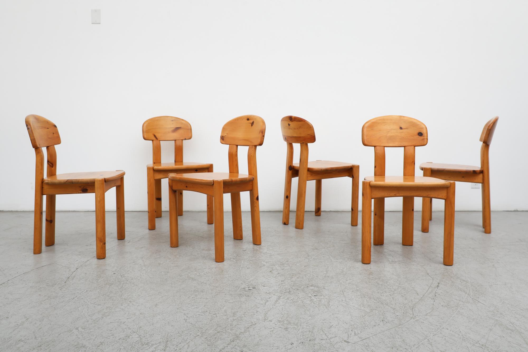 Mid century set of 6 1970s Rainer Daumiller attributed handosm, solid pine dining chairs with half moon backrests and carved legs. Lightly refinished with some visible wear and slight discoloration consistent with age and use. Set price. Similar