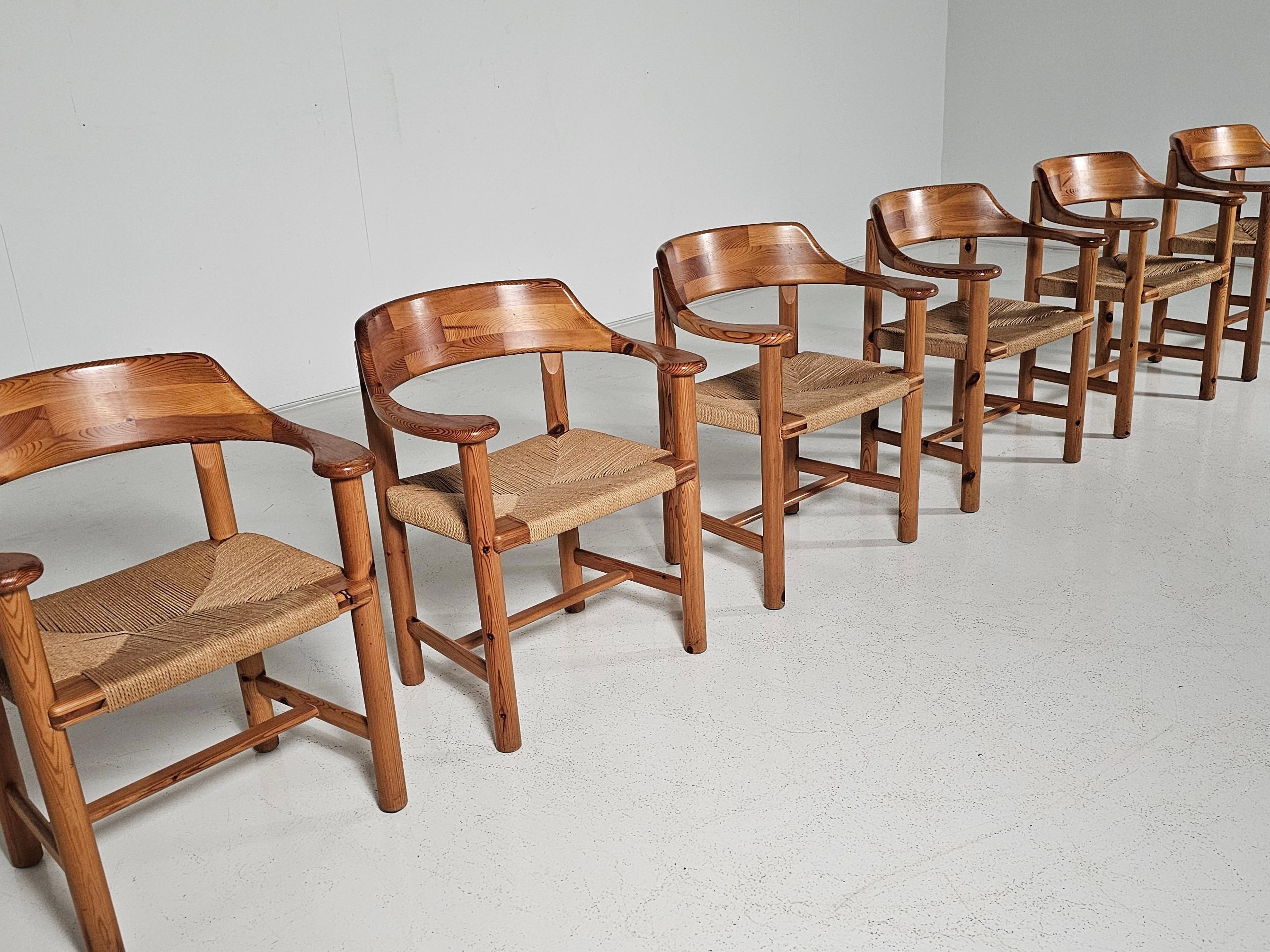 Mid-Century Modern Set of 6 Rainer Daumiller Dining Chairs in Pine and Papercord, 1970s For Sale