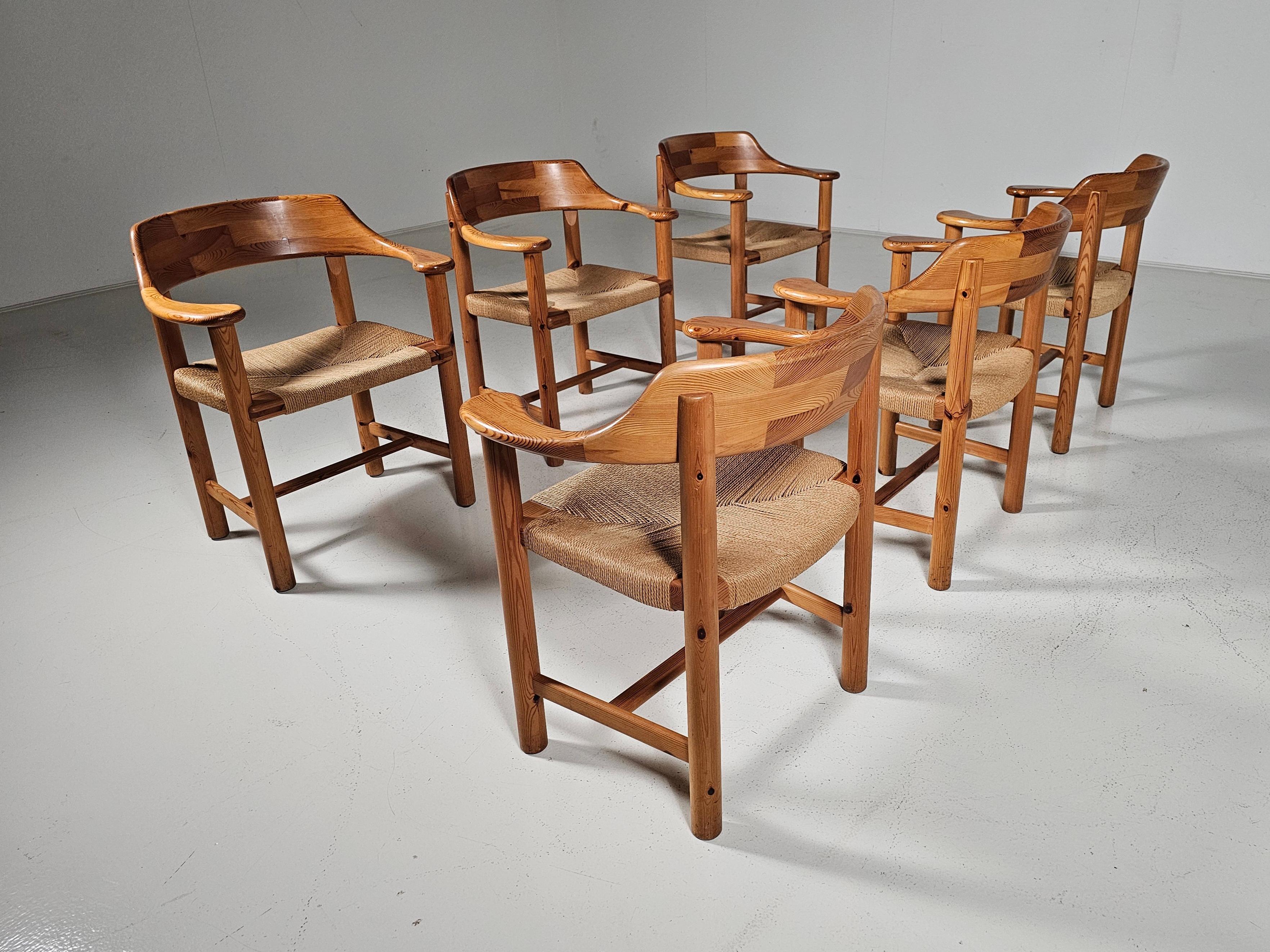 Set of 6 Rainer Daumiller Dining Chairs in Pine and Papercord, 1970s In Good Condition For Sale In amstelveen, NL