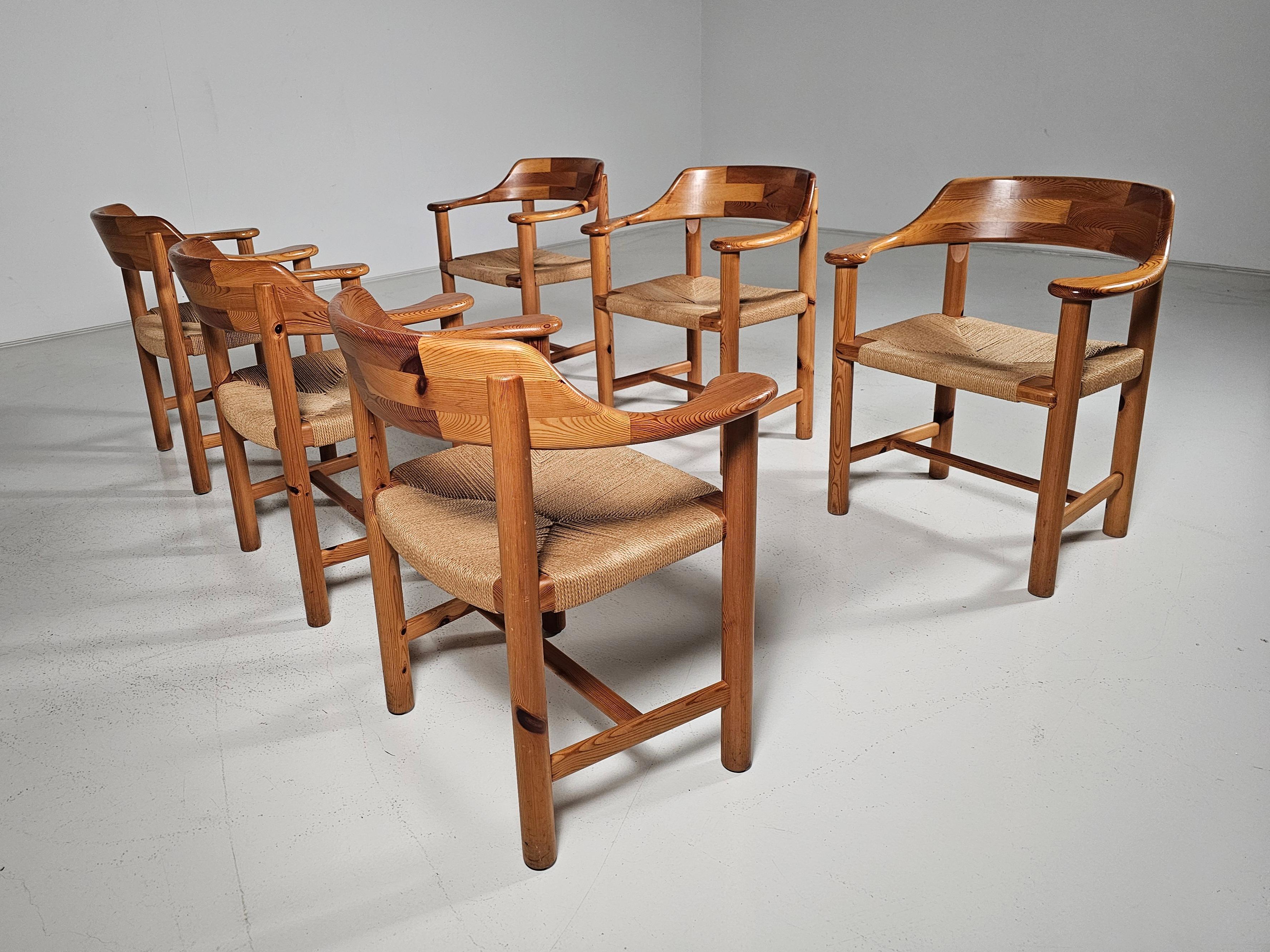 20th Century Set of 6 Rainer Daumiller Dining Chairs in Pine and Papercord, 1970s For Sale