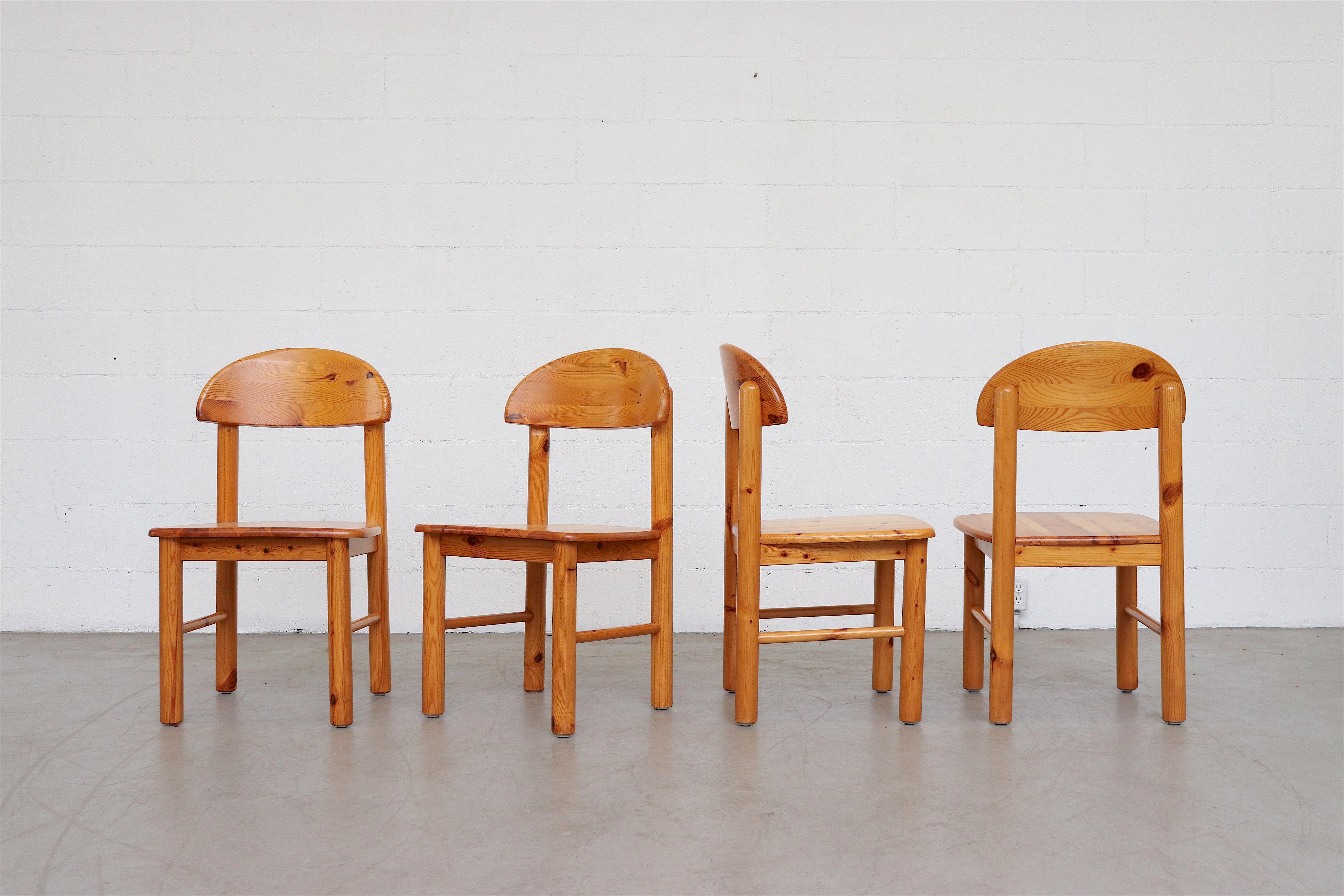 Set of 6 Rainer Daumiller style pine dining chairs. Four armless chairs and two with armrests. In original condition with signs of wear consistent with their age and use.
Side chairs measure: 19.5 x 18 x 18.25/34.25.