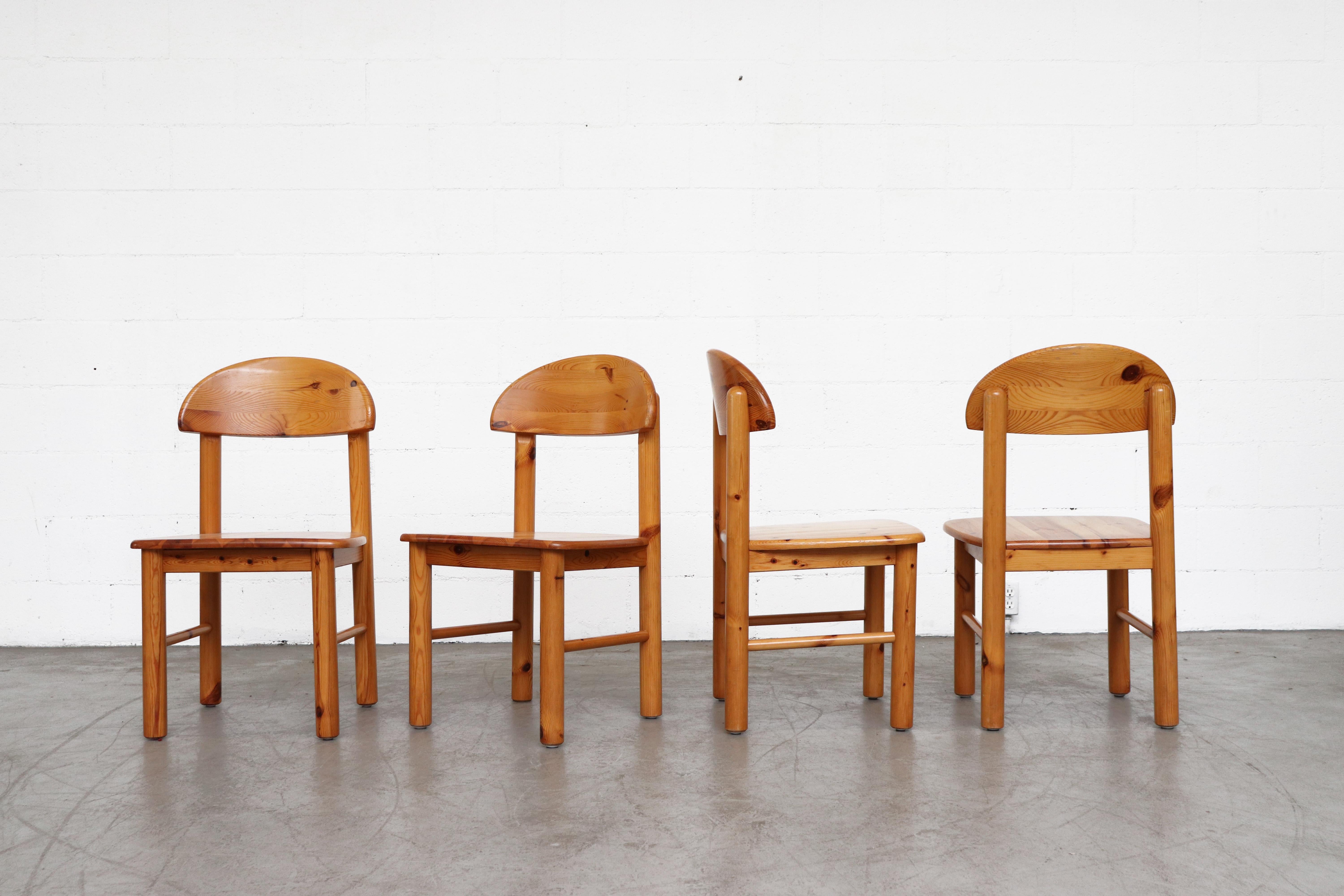 Set of 6 Rainer Daumiller style pine dining chairs with two armchairs and four side chairs. In original condition with signs of wear consistent with their age and use. Other similar sets available and listed separately.
Side chairs measure: 19.5 W