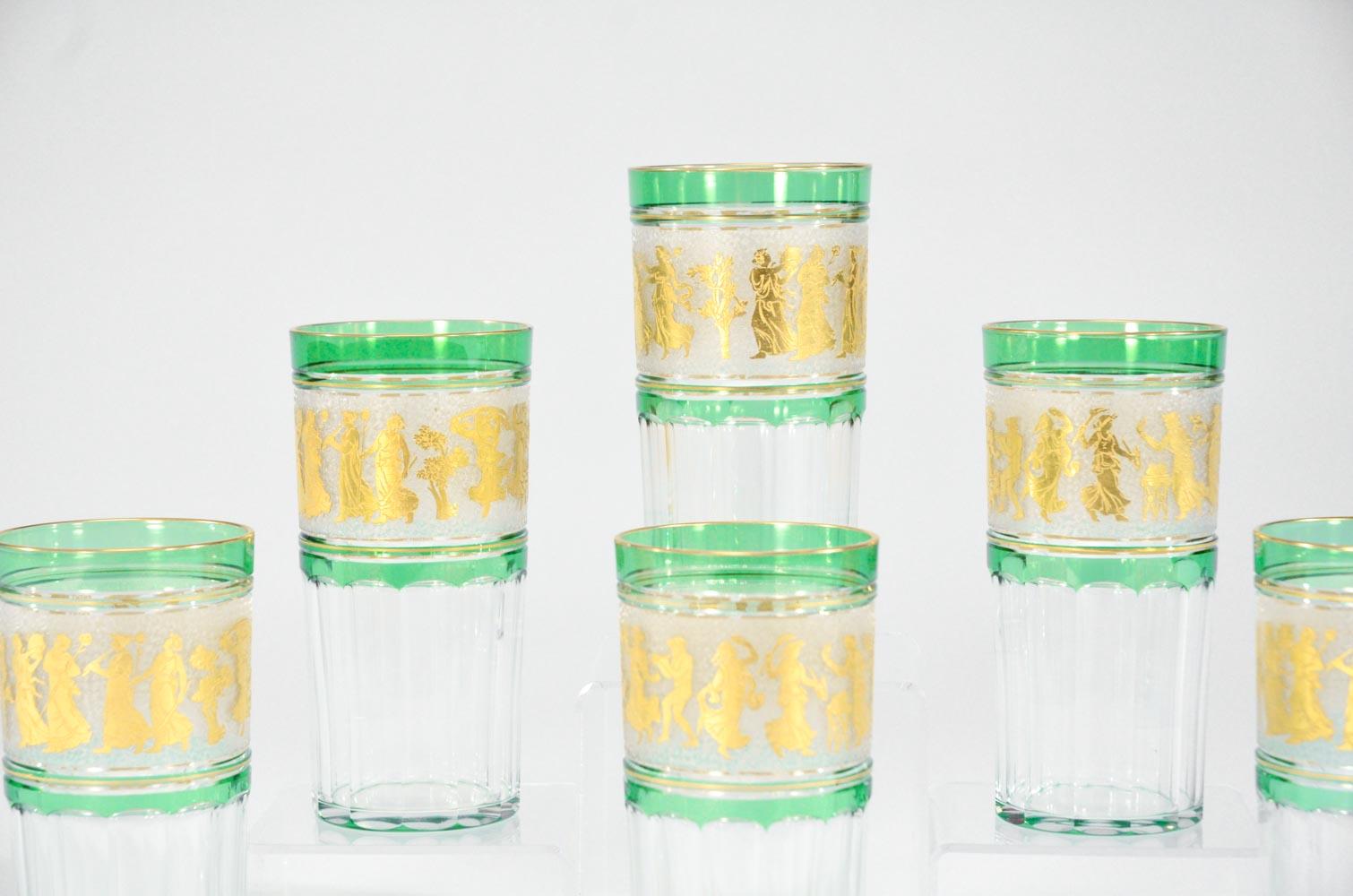 This is a magnificent set of 6 rare sized and rare colored tumblers made by Val St. Lambert. Each one is hand blown with apple green crystal overlay, cut to clear with cameo cut frieze of Roman figures embellished with gold leaf. This pattern is one