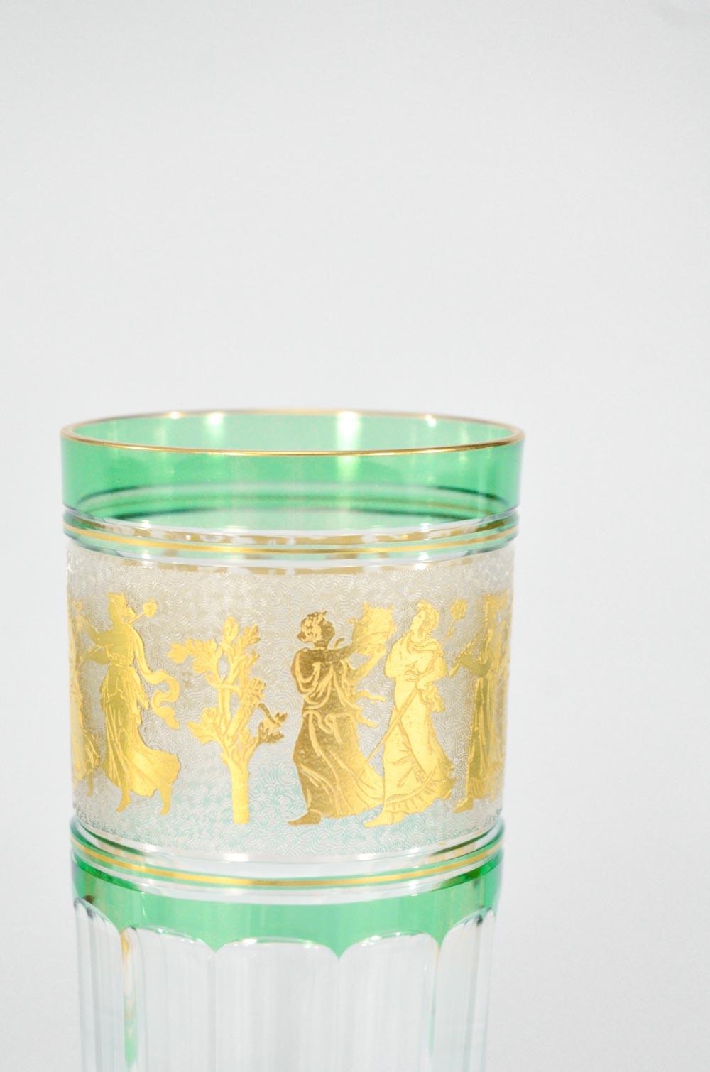 Set of 6 Rare Val Saint Lambert Apple Green Overlay Gilt Cameo Tumblers In Excellent Condition In Great Barrington, MA