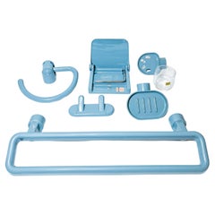 Set of 6 Rare Vintage Allibert France Bathroom Accessories, Space Age Blue-Grey