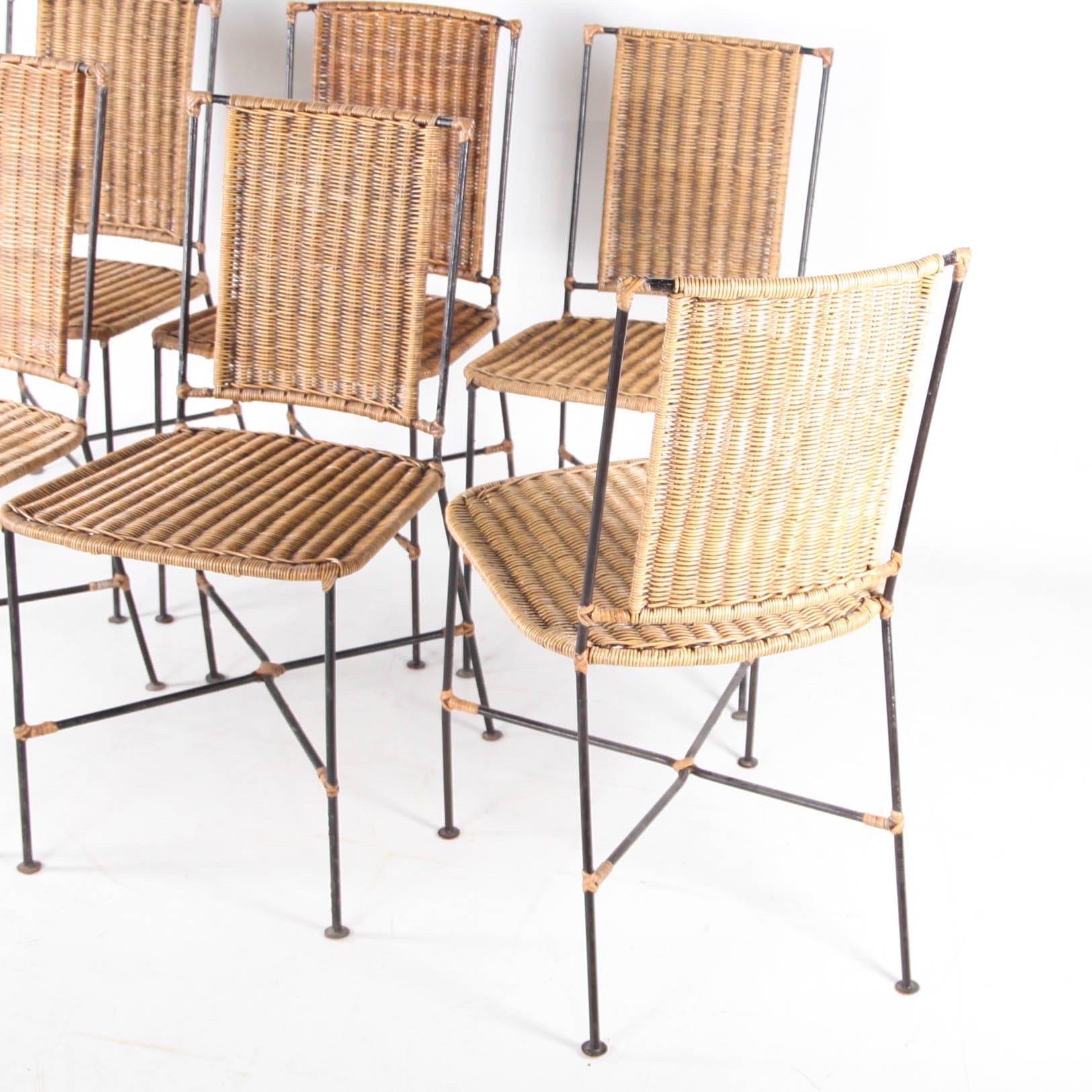 Rotin Ensemble de 6 chaises en rotin et en fer en vente
