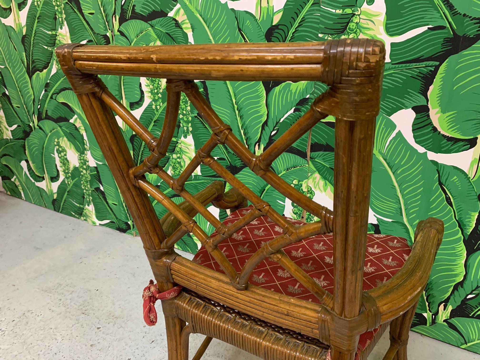 Leather Set of 6 Rattan Chinoiserie Cockpen Dining Chairs For Sale