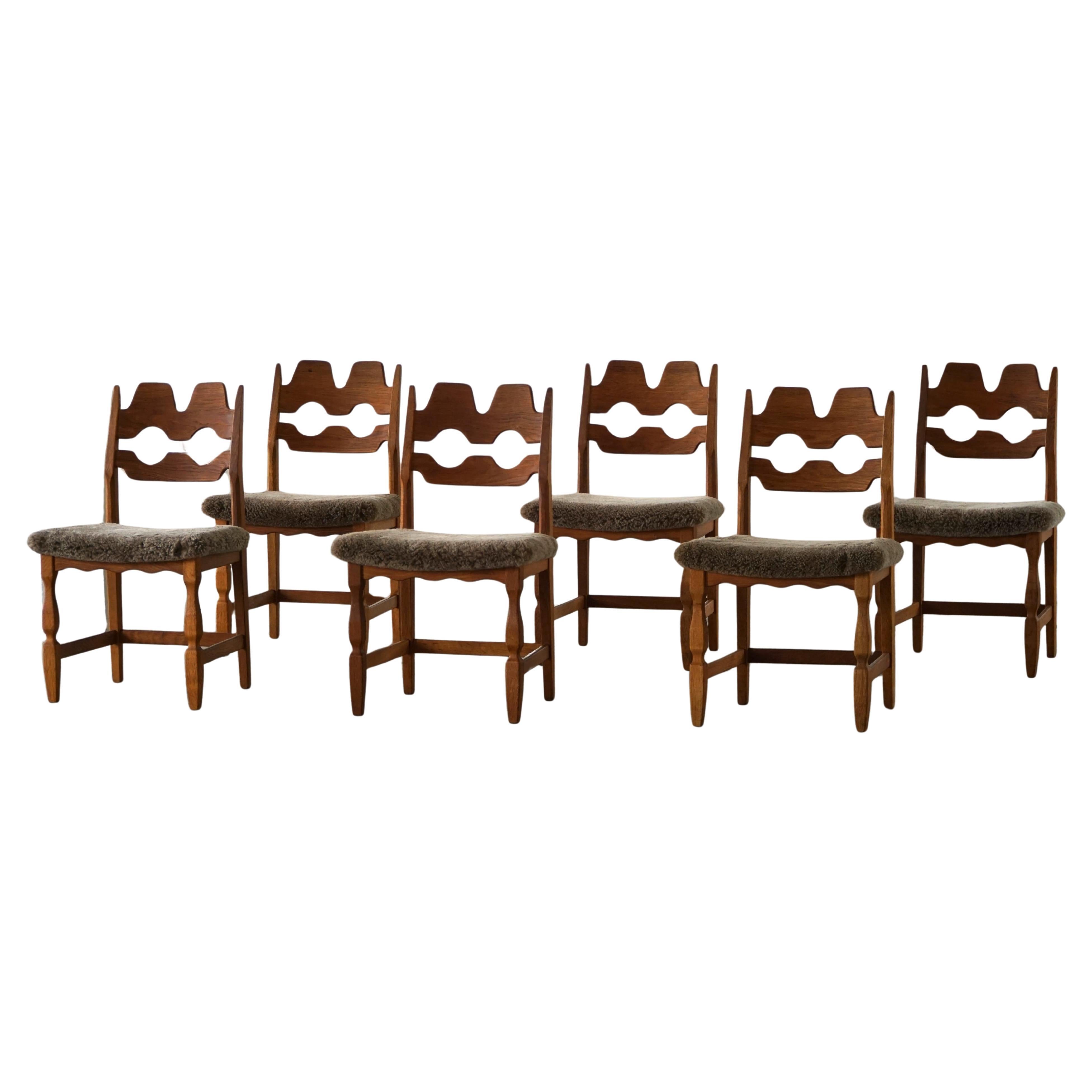 Ensemble de 6 chaises "Razorblade" de Henning Kjærnulf en Oak et Lambswool, 1960s
