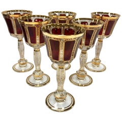 Vintage Set of 6 Red and Gold Venetian Wine Glasses Goblets