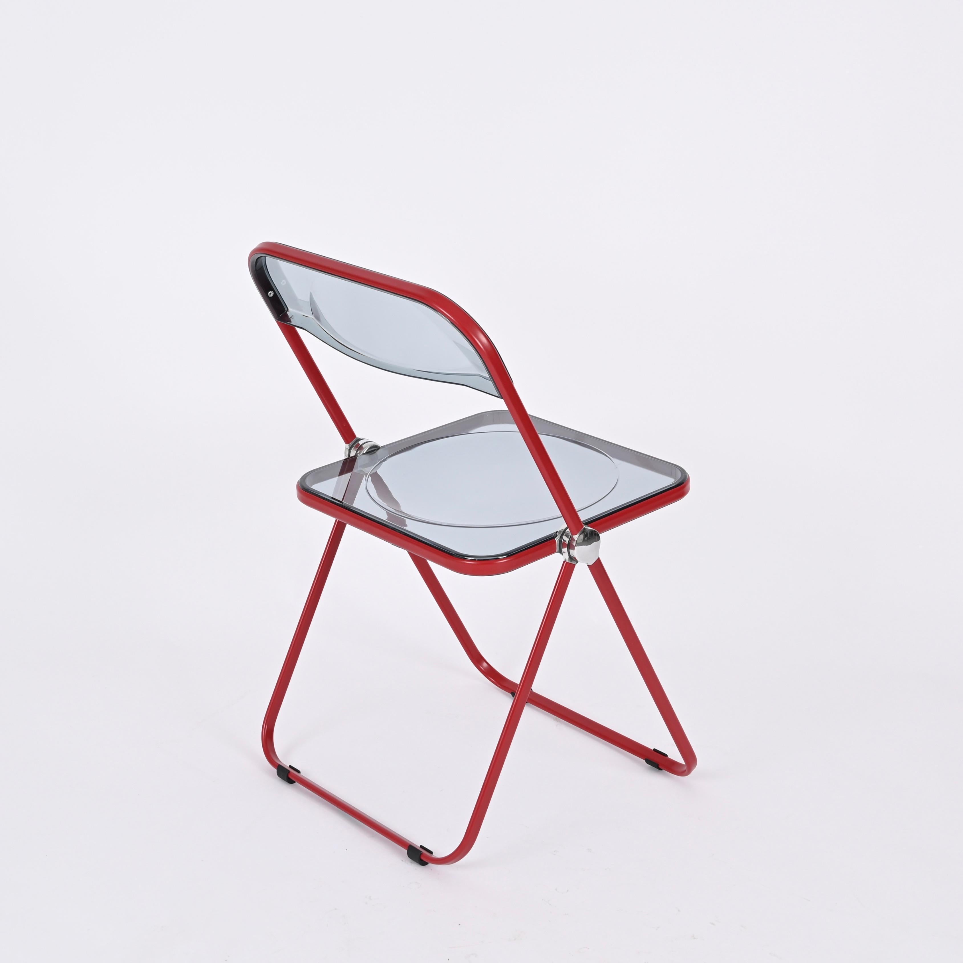 Italian Set of 6 Red and Smoked Lucite Plia folding chairs by Piretti for Castelli Italy For Sale