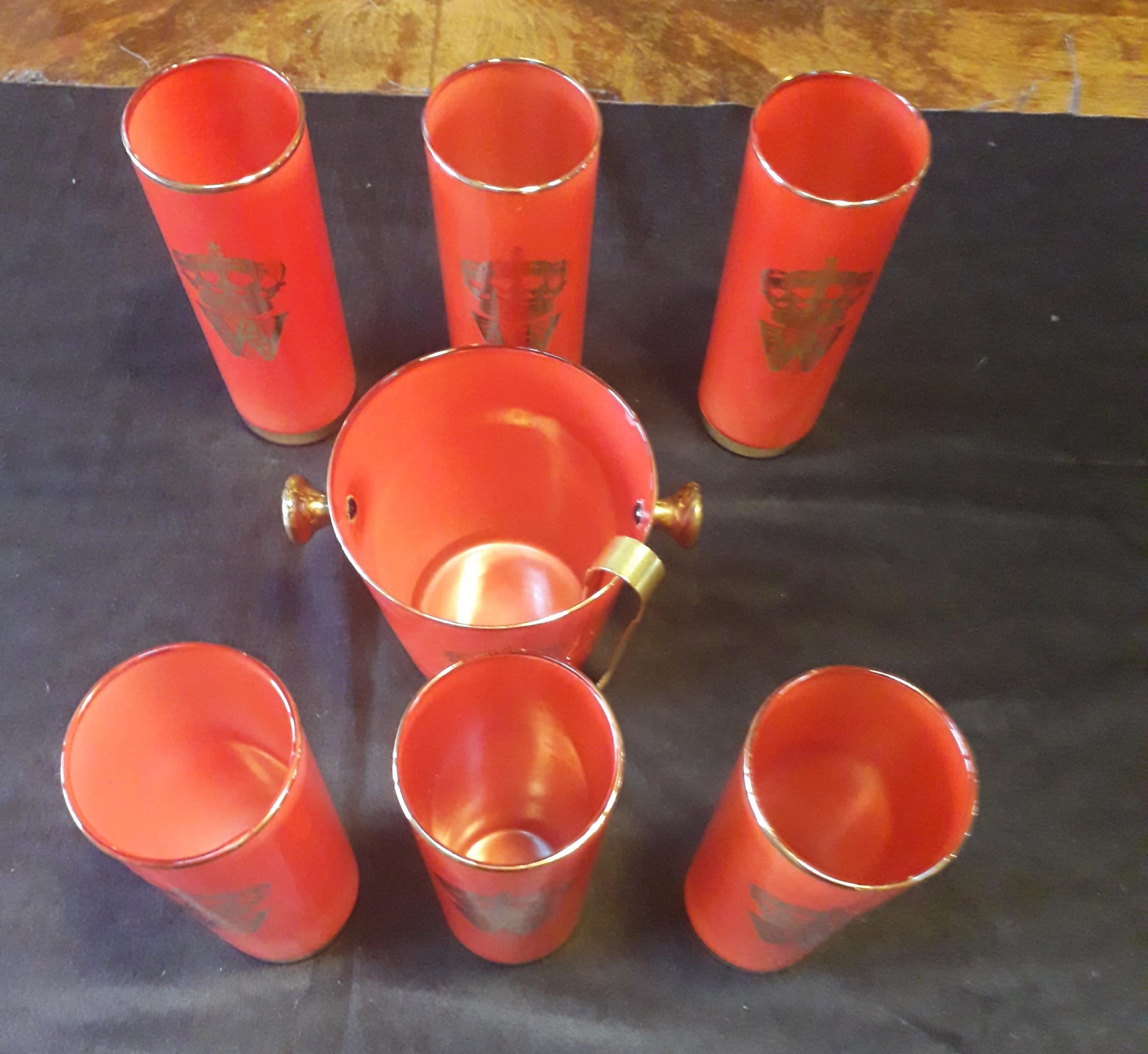 Set of 6 Red Cocktail Glasses, Golden Leaf, and Ice Bucket, Midcentury, France 1