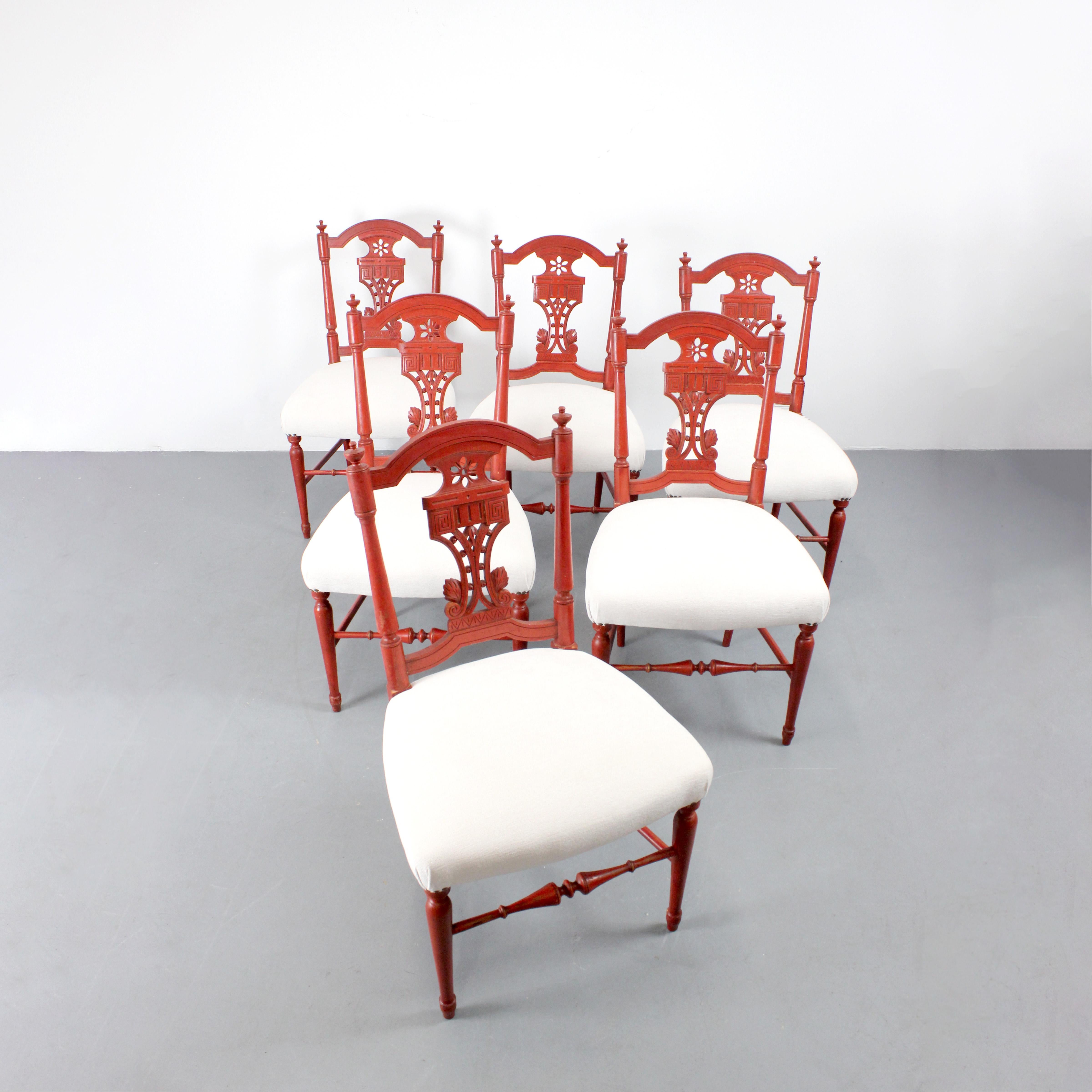 Set of 6 red lacquered wooden chairs in Neoclassical style with Louis XVI elements - France - c. 1900