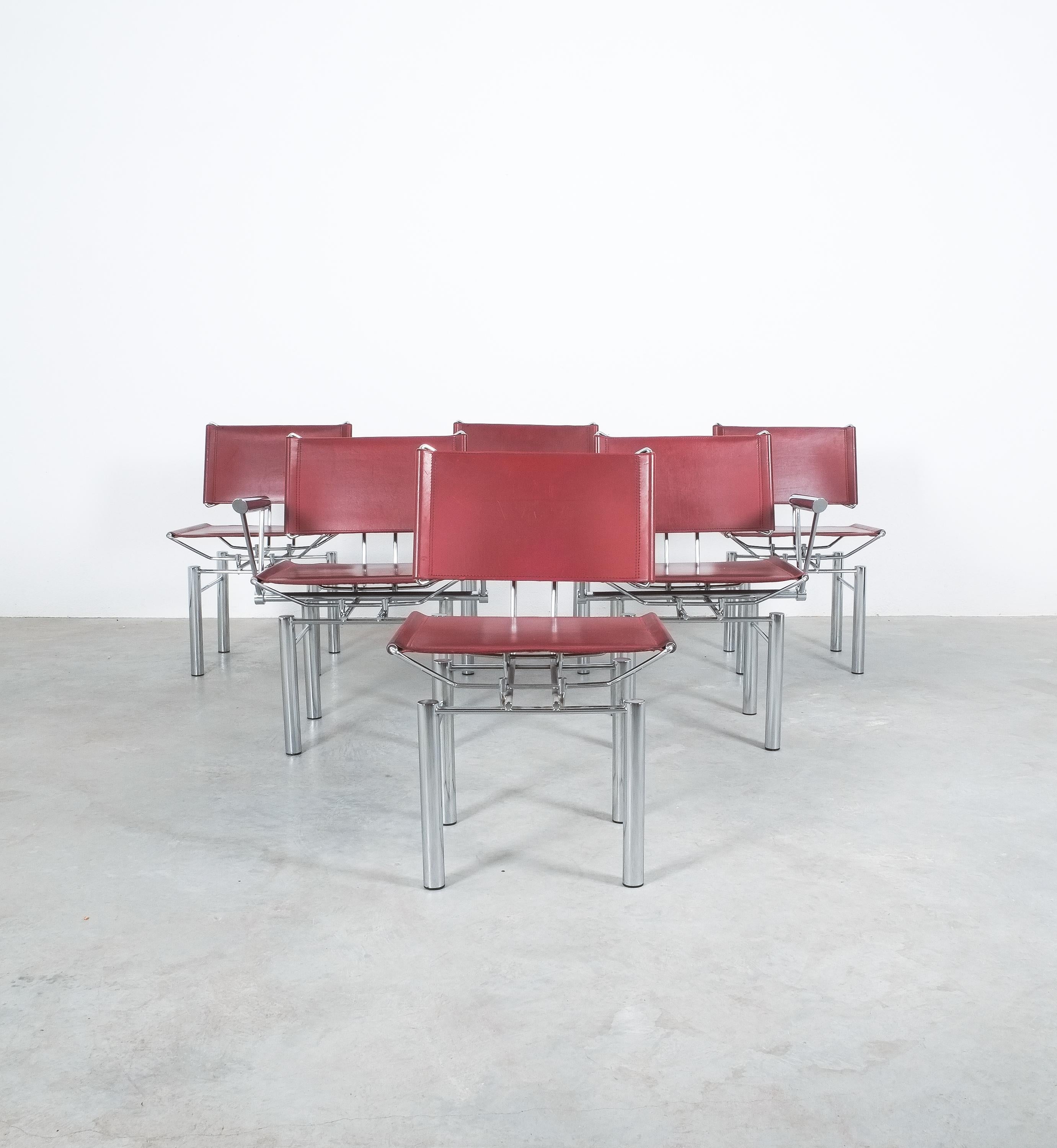 Six dark red leather Hans Ullrich Bitsch chairs Series 8600, circa 1980

Wonderful dining room set of 6 oxblood red Hans Ullrich Bitsch chairs. Postmodern classics with thick sturdy leather backrest and seat and highly delicate chromed metal joints.