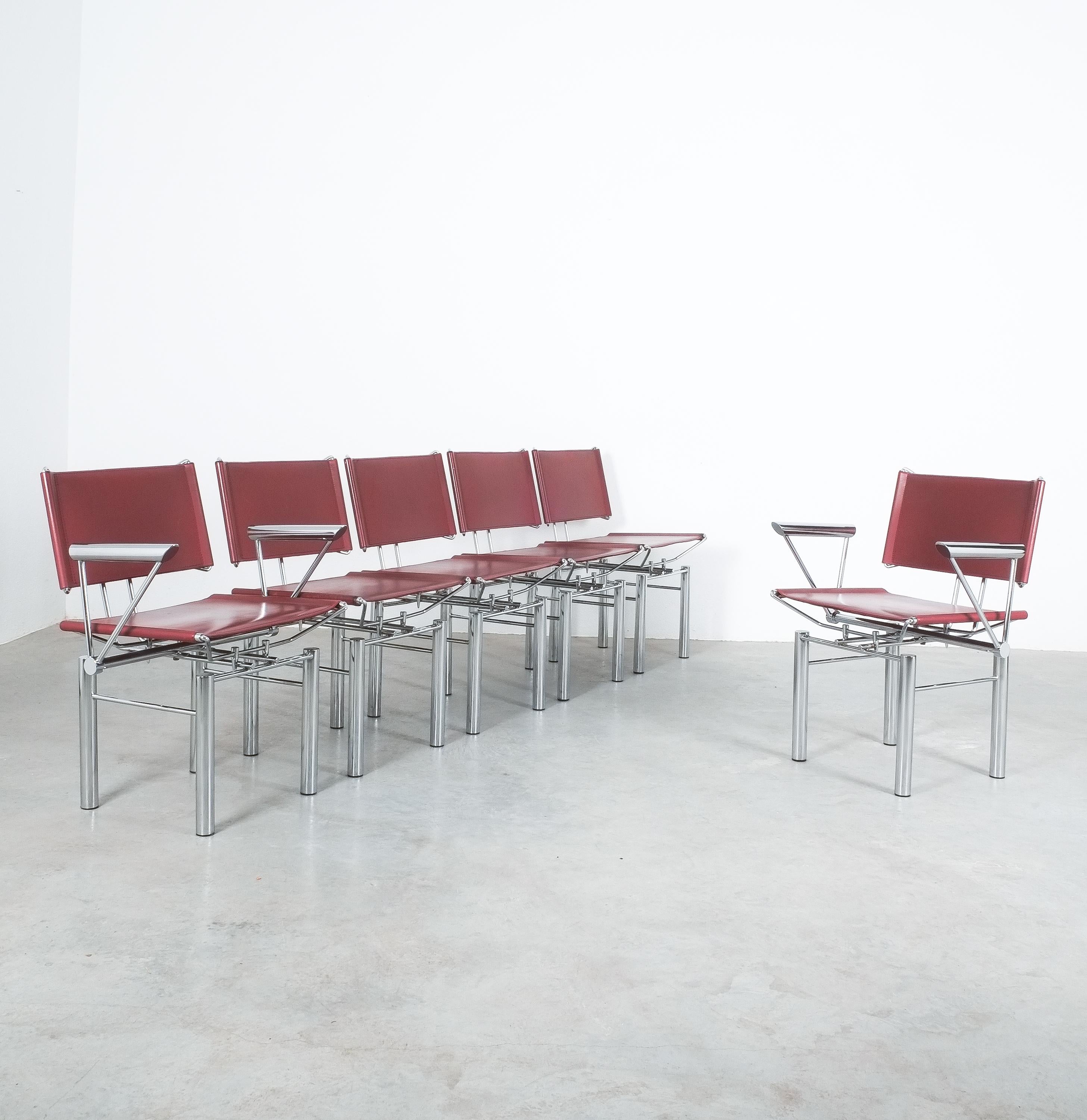 Post-Modern Hans Ullrich Bitsch Chairs Set of 6 Red Leather Chrome Metal Series 8600, 1980 For Sale