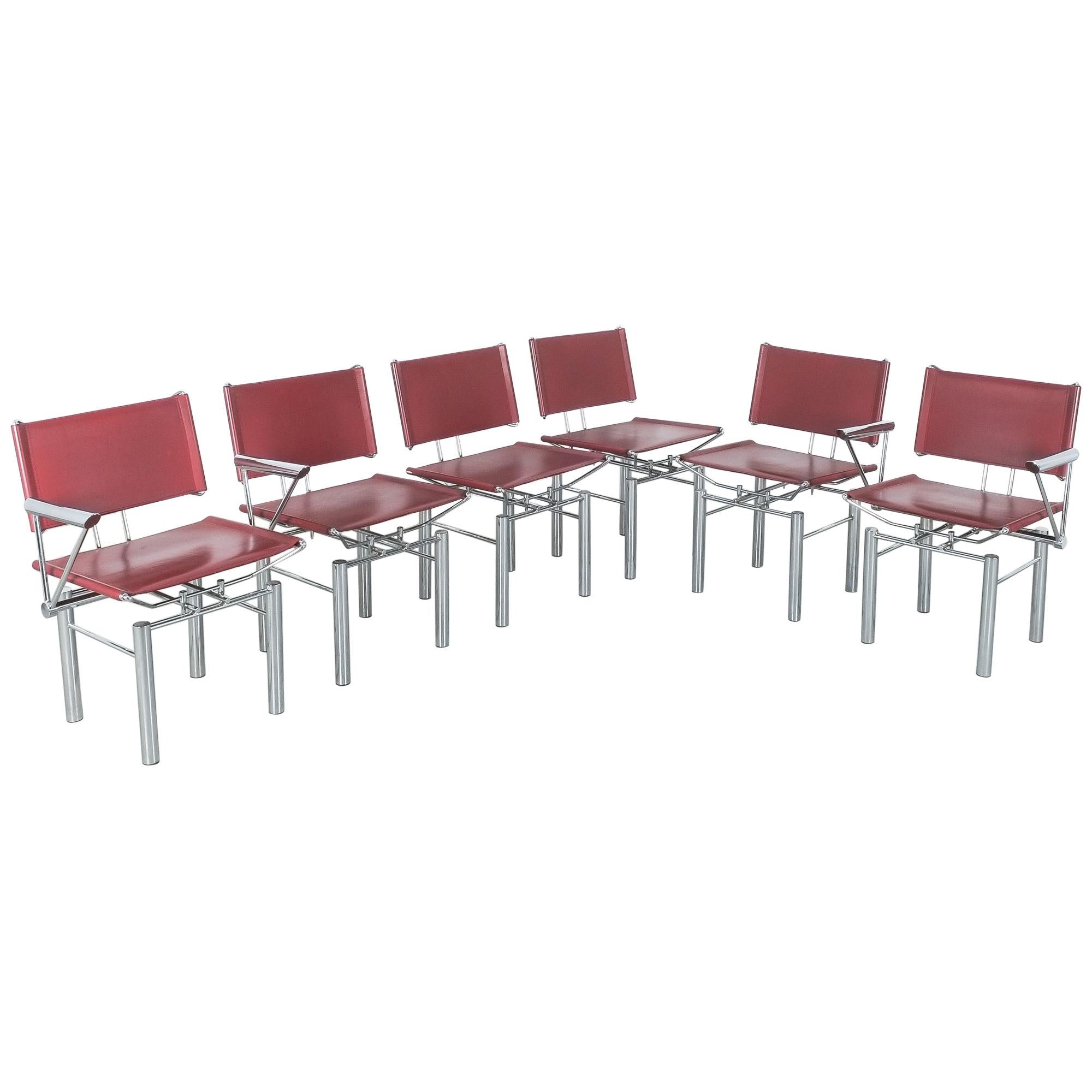 Hans Ullrich Bitsch Chairs Set of 6 Red Leather Chrome Metal Series 8600, 1980 For Sale