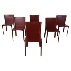 Set of 6 red leather italian dining chairs, 1980s