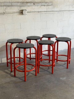 Set of 6 Red Plywood Bar Stools with Metal Frames Mid-Century Modern