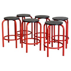 Set of 6 Red Plywood Bar Stools with Metal Frames Mid-Century Modern