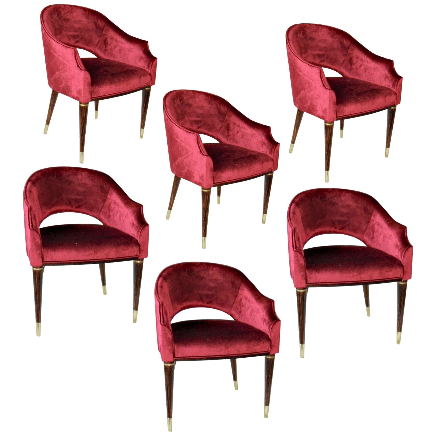 Set of 6 Red Velvet Armchairs, Midcentury Style, Luxury Details, Italia